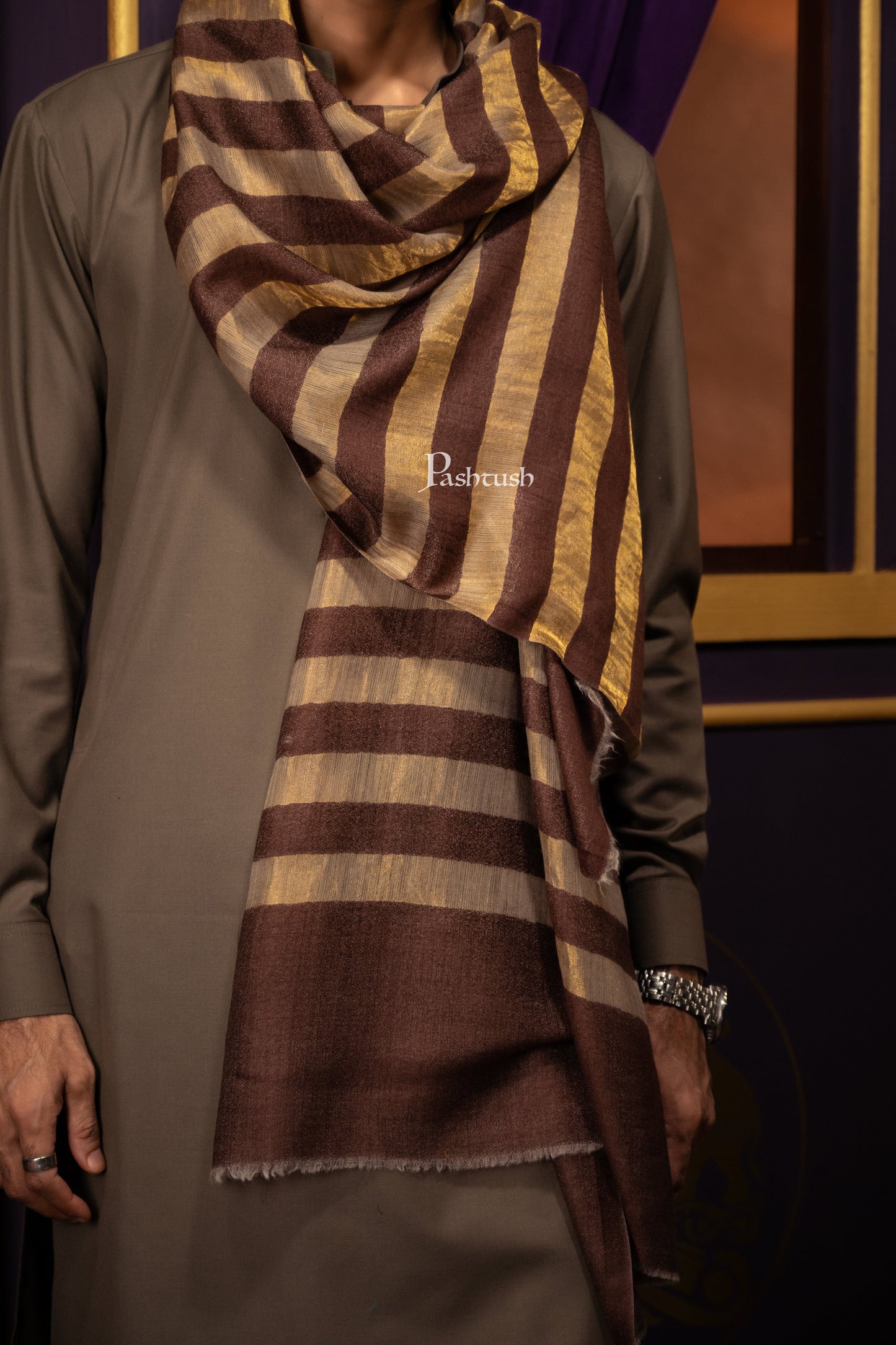 Pashtush India Mens Scarves Stoles and Mufflers Pashtush Mens Extra Fine Wool Stole, Twilght Collection Stripe Design, Dark Brown