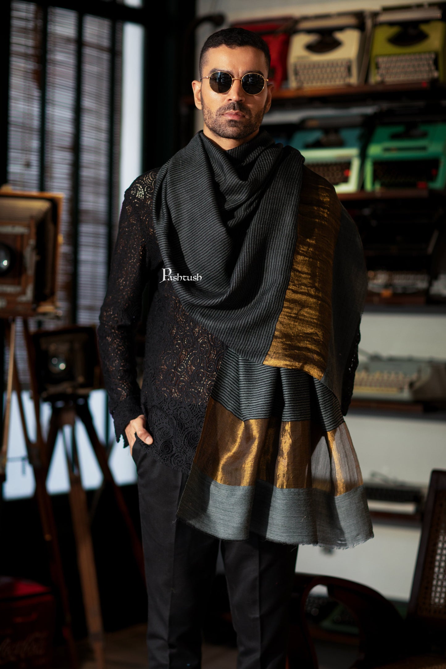Pashtush India Mens Scarves Stoles and Mufflers Pashtush Mens Extra Fine Wool Stole, Twilght Collection Stripe Design, Dark Grey