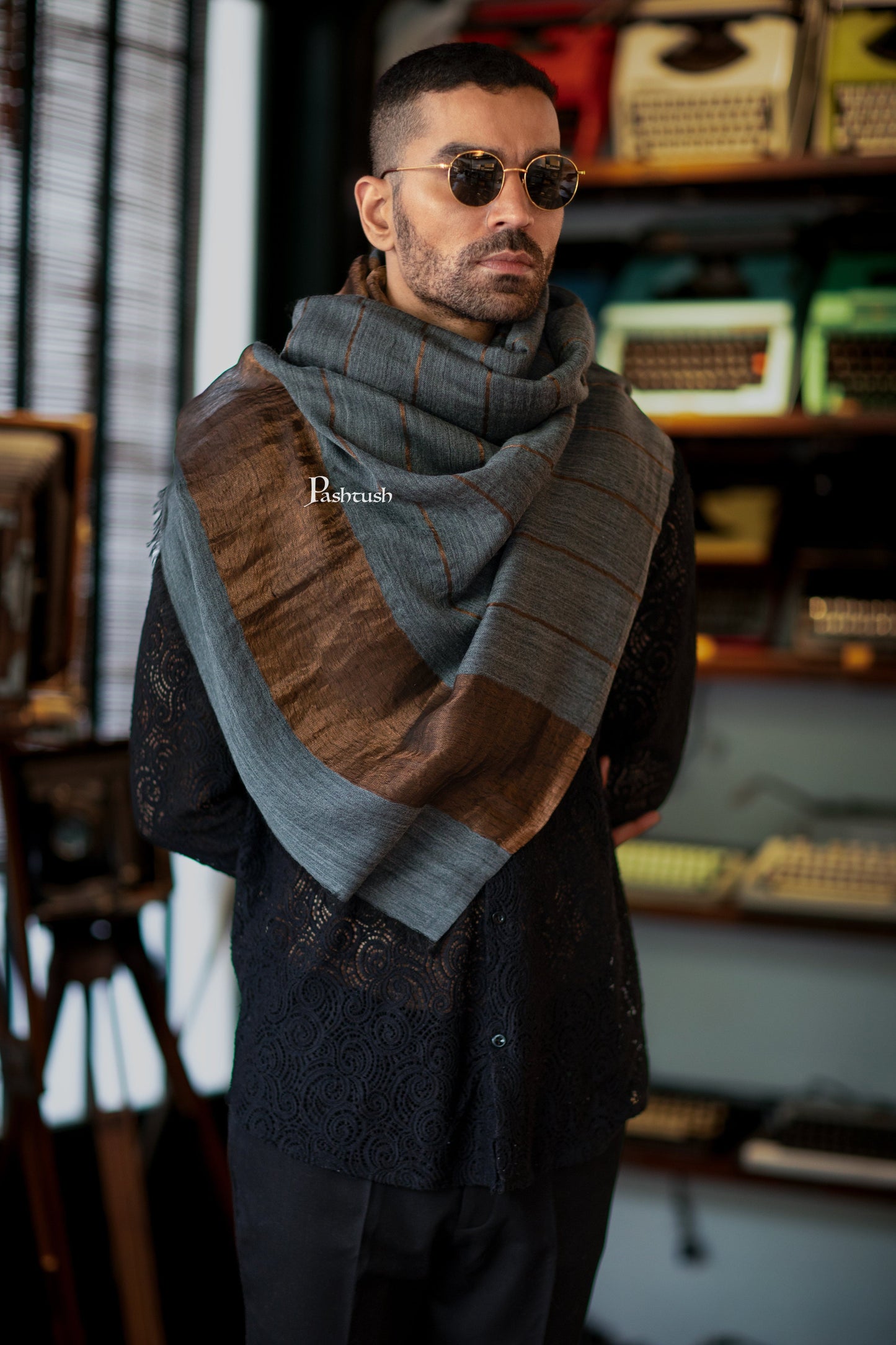 Pashtush India Mens Scarves Stoles and Mufflers Pashtush Mens Extra Fine Wool Stole, Twilght Collection Stripe Design, Dark Grey