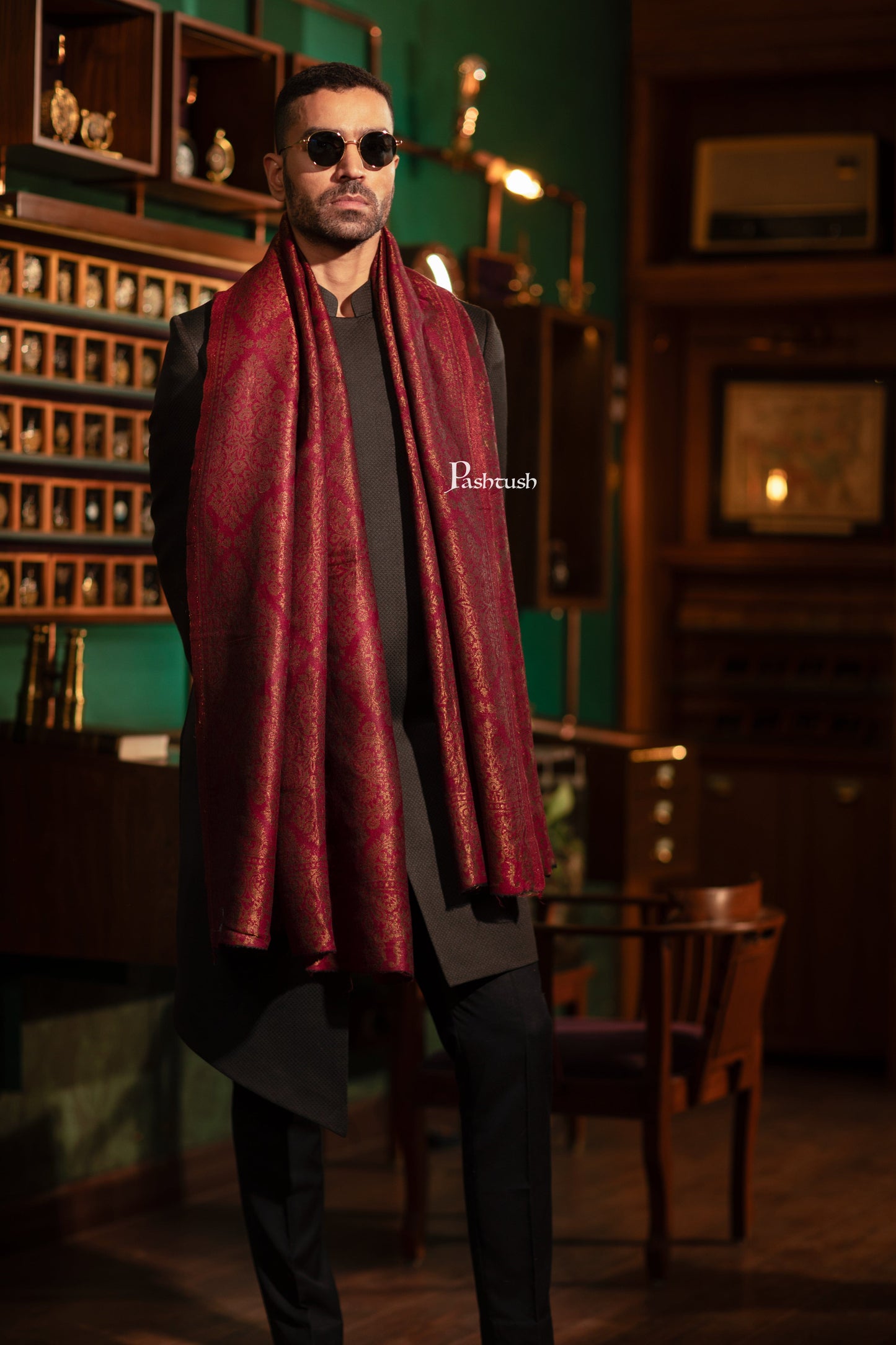 Pashtush India Mens Scarves Stoles and Mufflers Pashtush Mens Extra Fine Wool Stole, Twilight Collection Pasiley Weave Design, Maroon