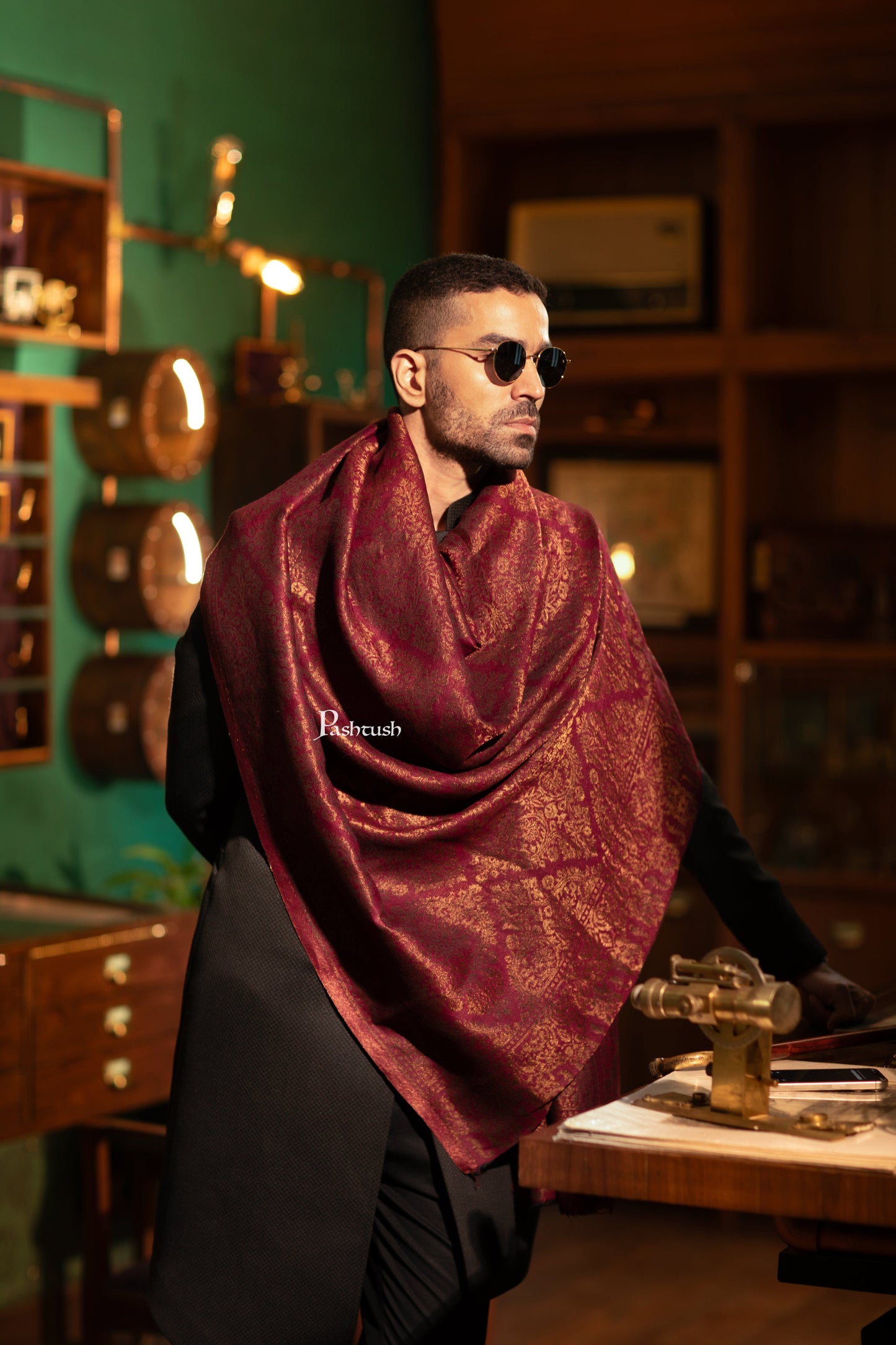 Pashtush India Mens Scarves Stoles and Mufflers Pashtush Mens Extra Fine Wool Stole, Twilight Collection Pasiley Weave Design, Maroon
