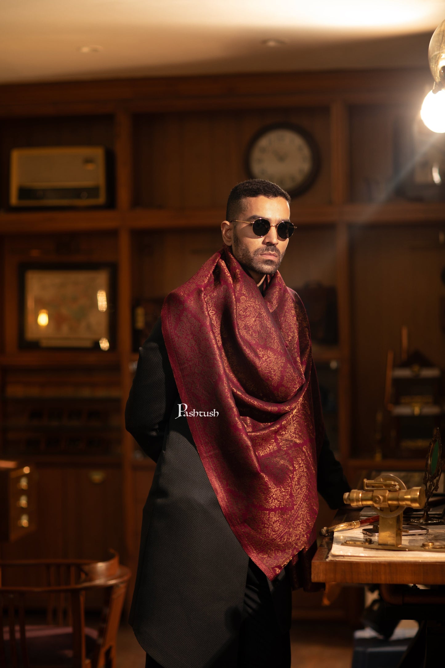 Pashtush India Mens Scarves Stoles and Mufflers Pashtush Mens Extra Fine Wool Stole, Twilight Collection Pasiley Weave Design, Maroon