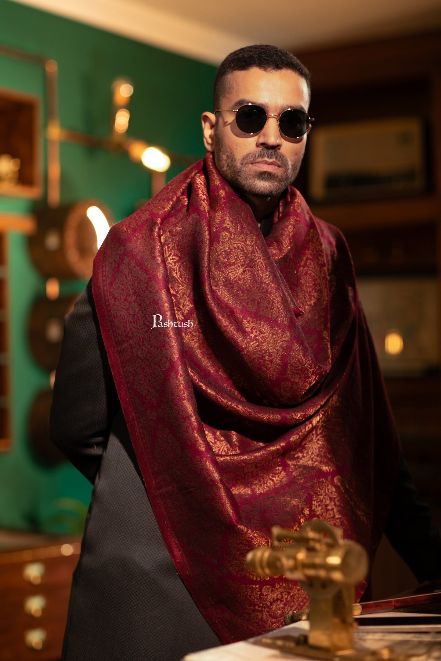 Pashtush India Mens Scarves Stoles and Mufflers Pashtush Mens Extra Fine Wool Stole, Twilight Collection Pasiley Weave Design, Maroon