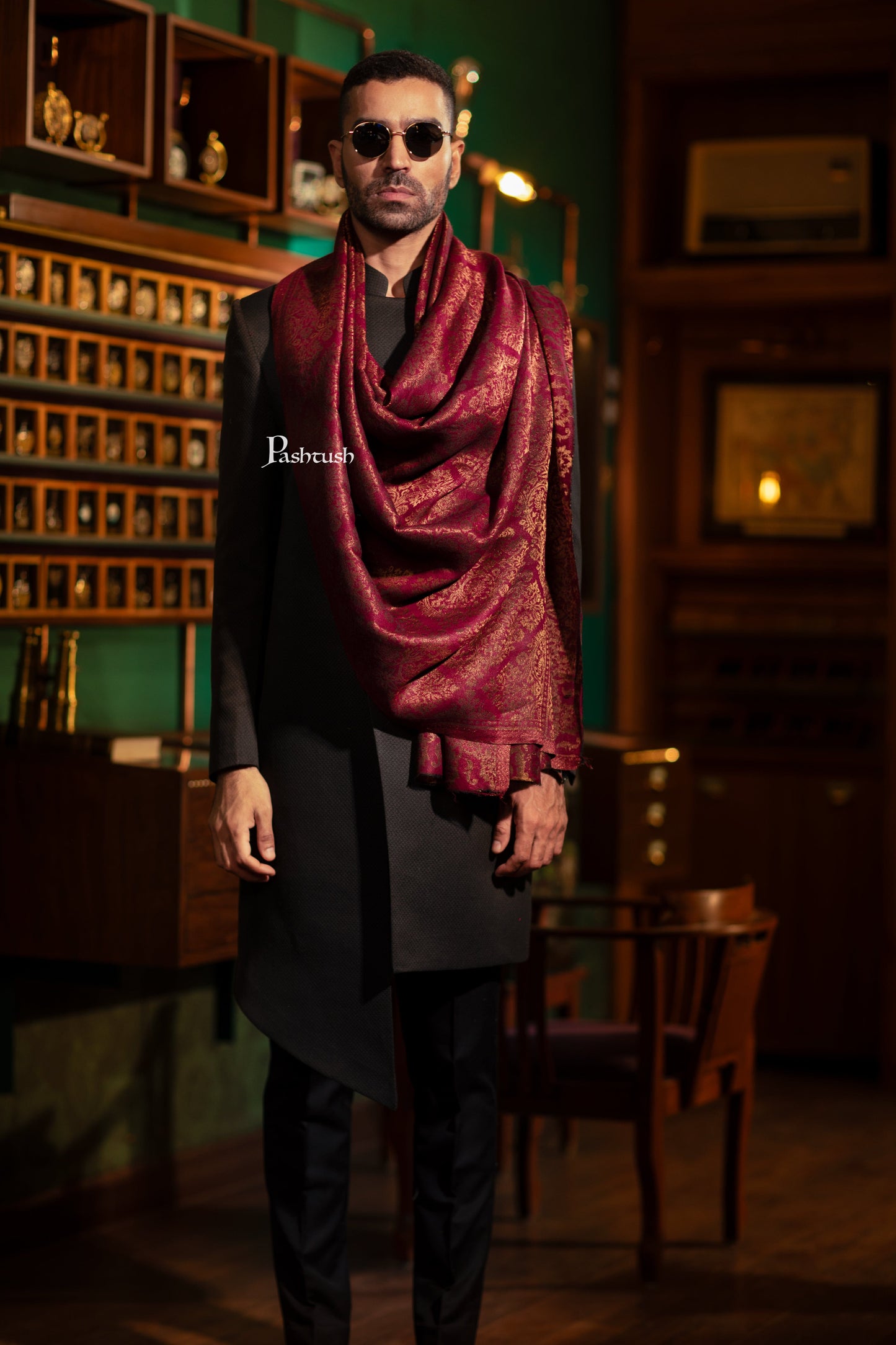 Pashtush India Mens Scarves Stoles and Mufflers Pashtush Mens Extra Fine Wool Stole, Twilight Collection Pasiley Weave Design, Maroon