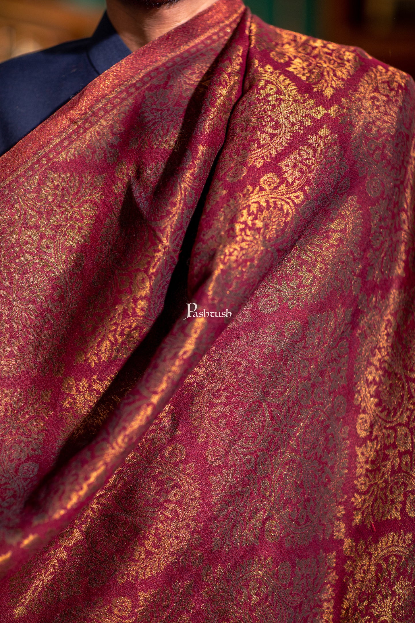 Pashtush India Mens Scarves Stoles and Mufflers Pashtush Mens Extra Fine Wool Stole, Twilight Collection Pasiley Weave Design, Maroon