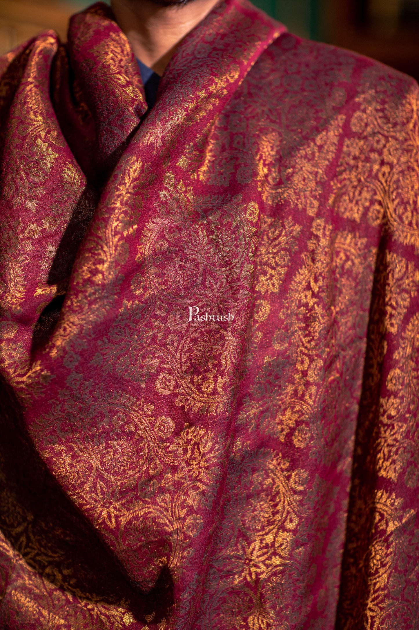 Pashtush India Mens Scarves Stoles and Mufflers Pashtush Mens Extra Fine Wool Stole, Twilight Collection Pasiley Weave Design, Maroon