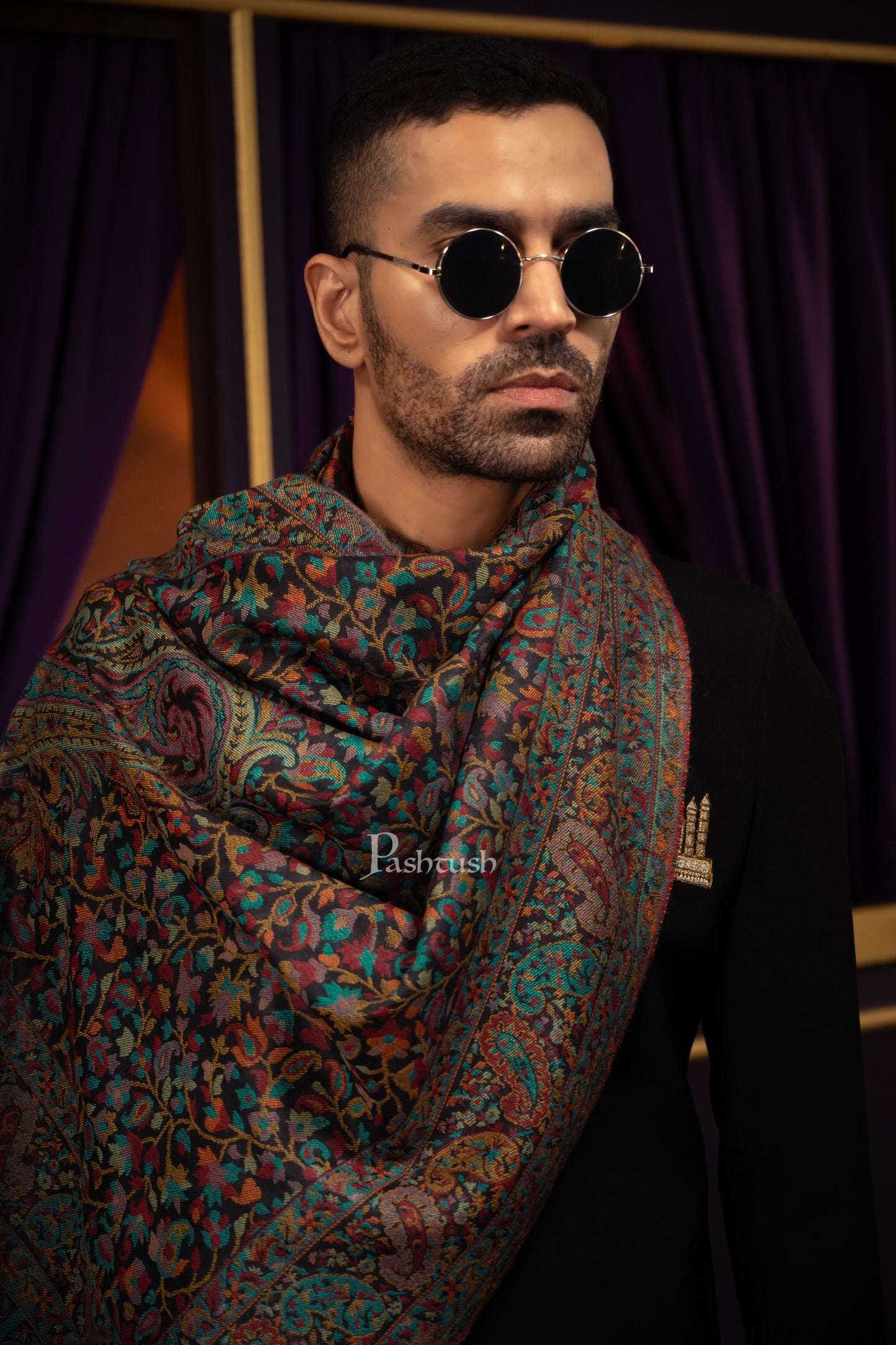Pashtush India Mens Scarves Stoles and Mufflers Pashtush Mens Extra Fine Wool Stole, Woven Ethnic Weave Design, Black