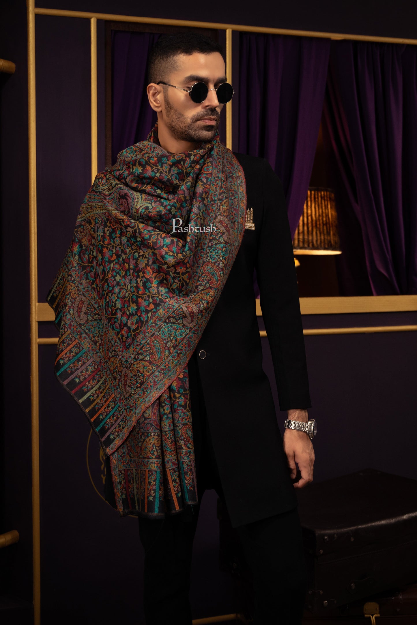 Pashtush India Mens Scarves Stoles and Mufflers Pashtush Mens Extra Fine Wool Stole, Woven Ethnic Weave Design, Black