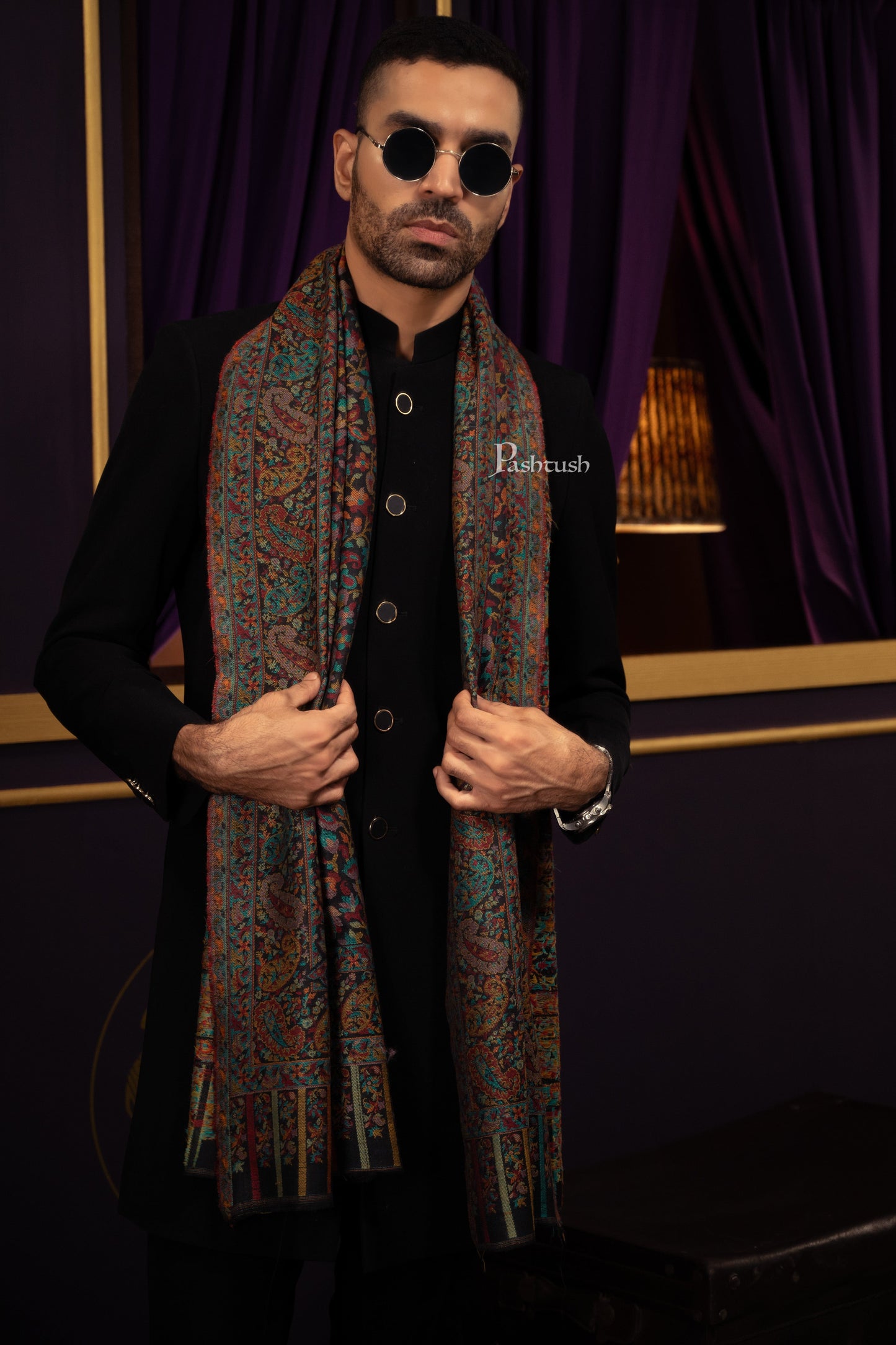 Pashtush India Mens Scarves Stoles and Mufflers Pashtush Mens Extra Fine Wool Stole, Woven Ethnic Weave Design, Black