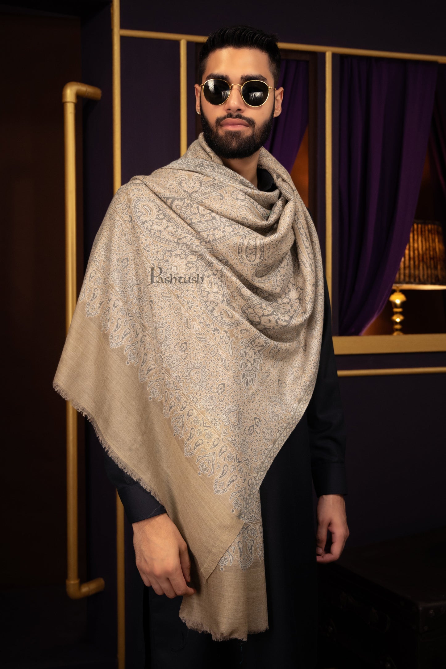 Pashtush India Mens Scarves Stoles and Mufflers Pashtush Mens Extra Fine Wool Stole, Woven Paisley Design, Taupe