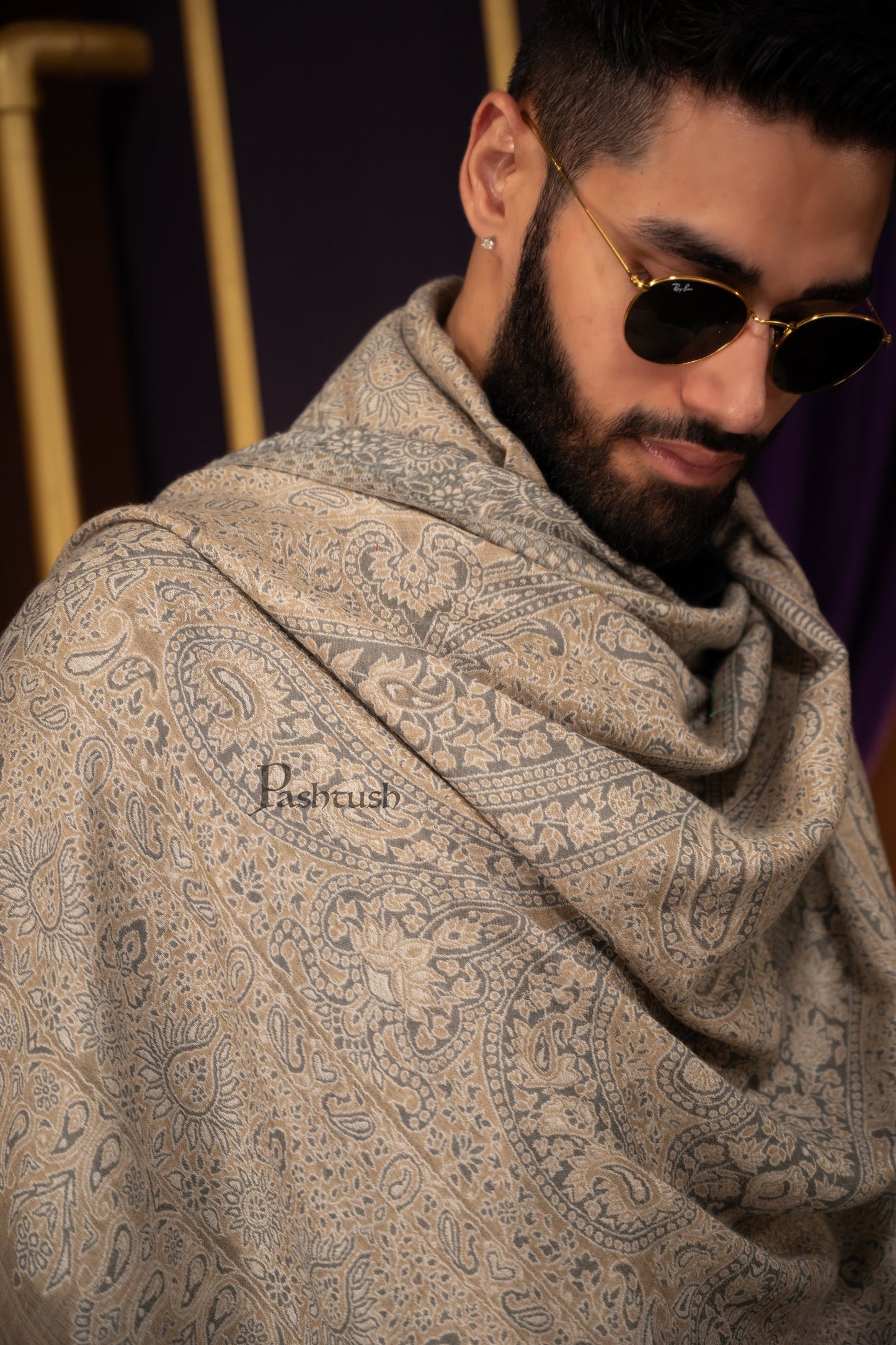 Pashtush India Mens Scarves Stoles and Mufflers Pashtush Mens Extra Fine Wool Stole, Woven Paisley Design, Taupe