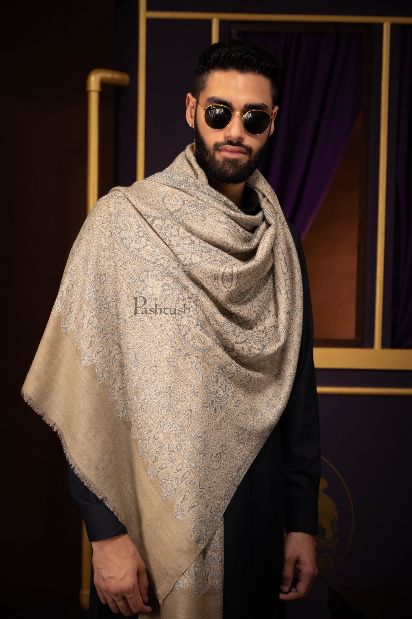 Pashtush India Mens Scarves Stoles and Mufflers Pashtush Mens Extra Fine Wool Stole, Woven Paisley Design, Taupe