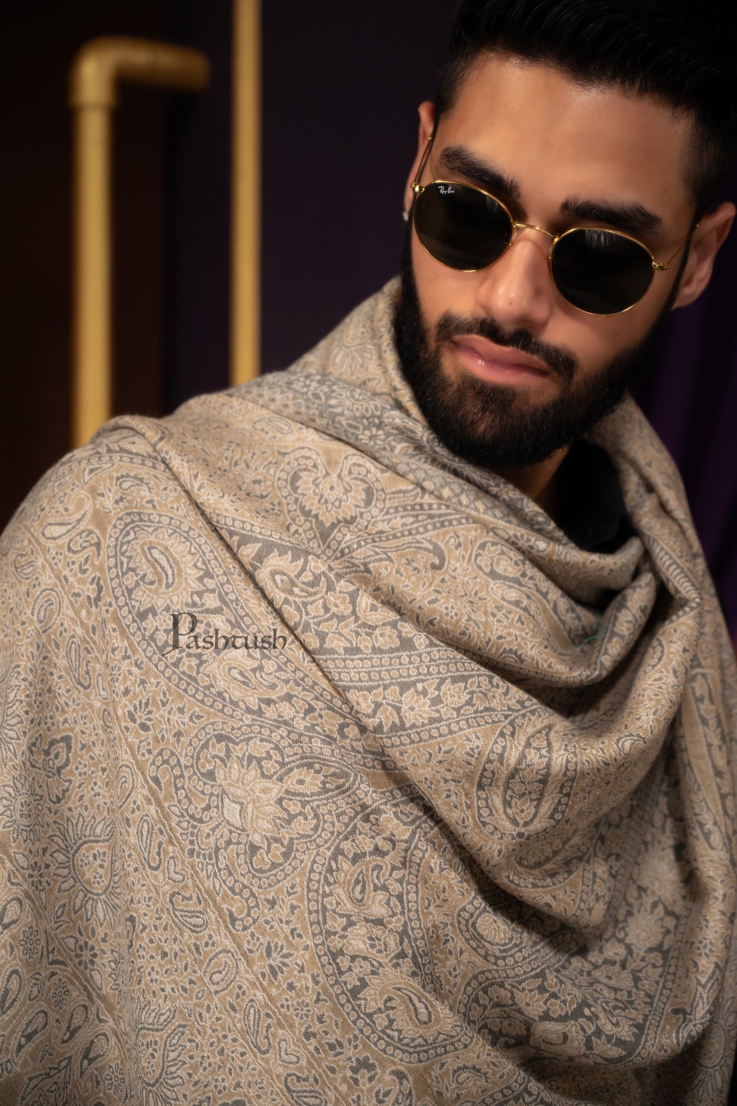 Pashtush India Mens Scarves Stoles and Mufflers Pashtush Mens Extra Fine Wool Stole, Woven Paisley Design, Taupe