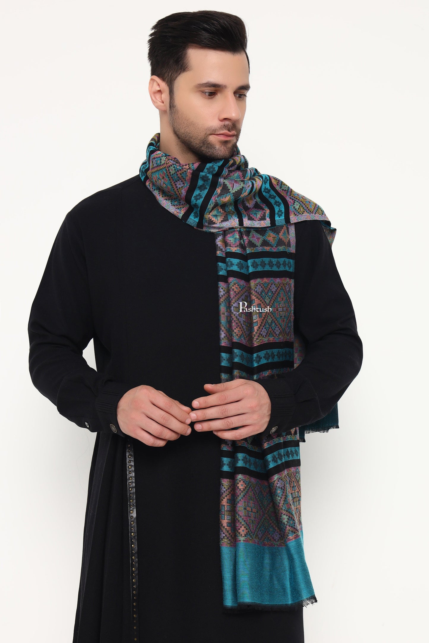 Pashtush India Mens Scarves Stoles and Mufflers Pashtush Mens Extra Soft Bamboo Stole, Aztec Design, Blue