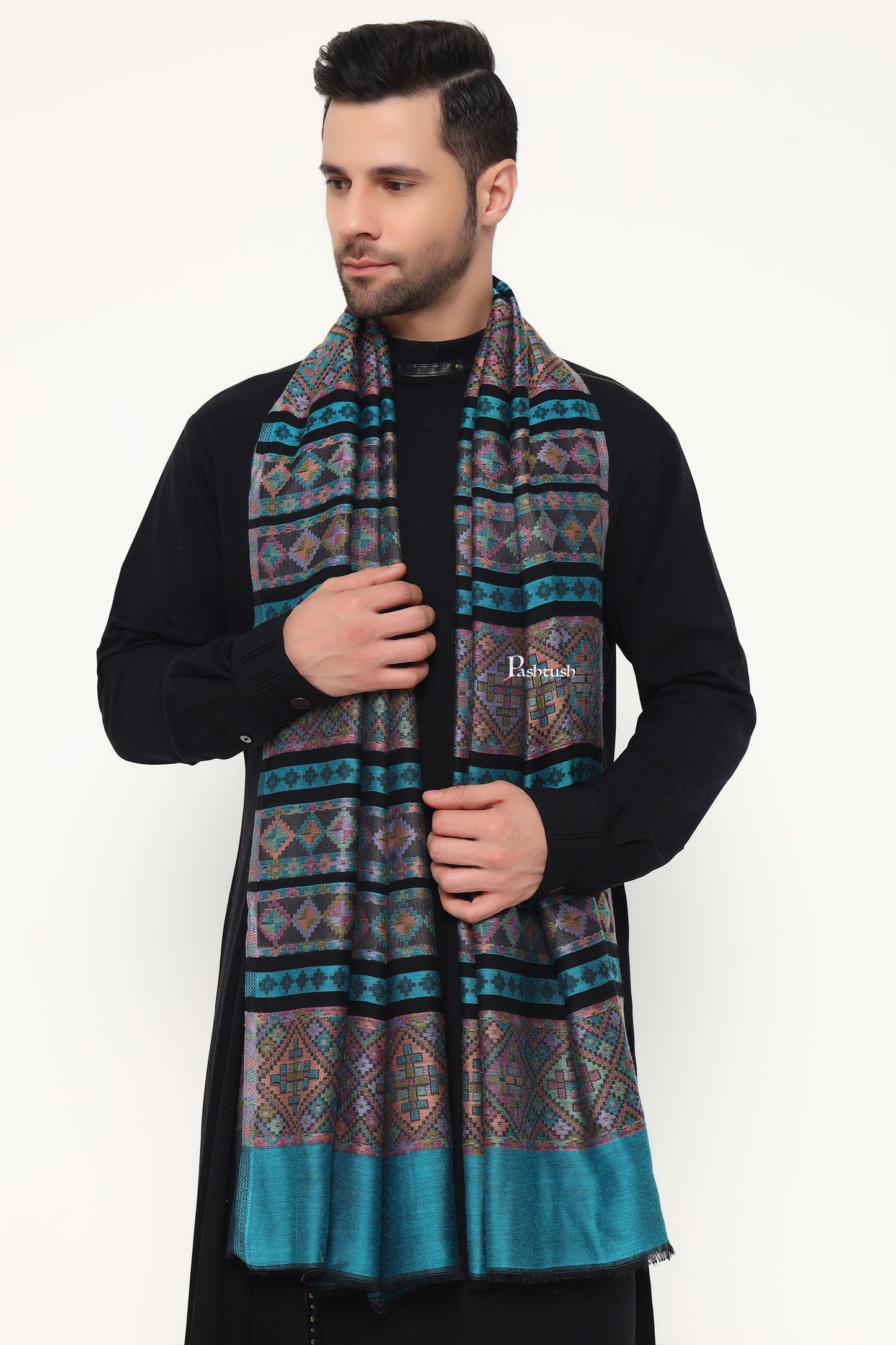 Pashtush India Mens Scarves Stoles and Mufflers Pashtush Mens Extra Soft Bamboo Stole, Aztec Design, Blue