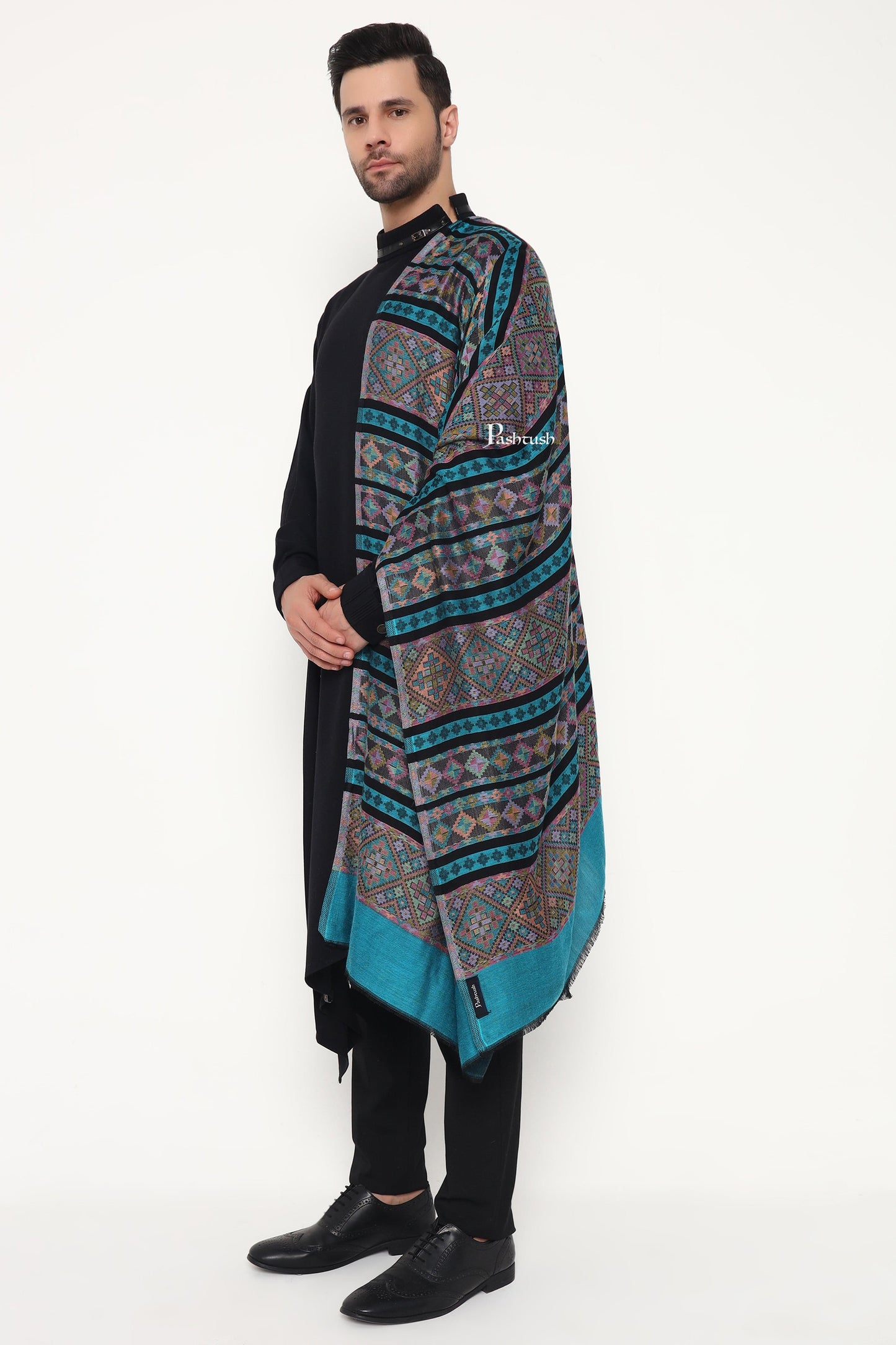 Pashtush India Mens Scarves Stoles and Mufflers Pashtush Mens Extra Soft Bamboo Stole, Aztec Design, Blue