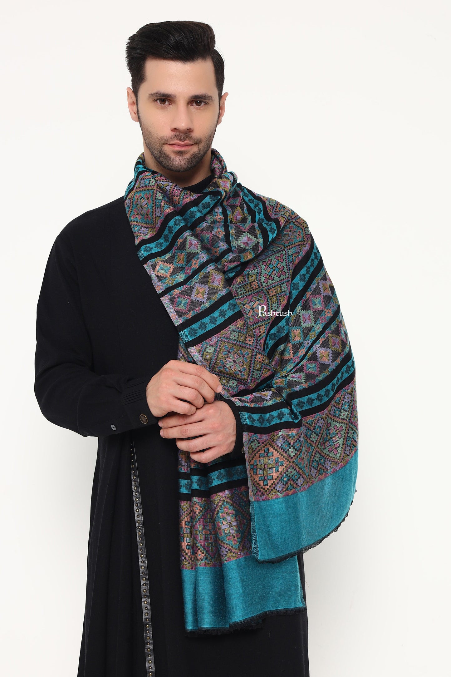 Pashtush India Mens Scarves Stoles and Mufflers Pashtush Mens Extra Soft Bamboo Stole, Aztec Design, Blue