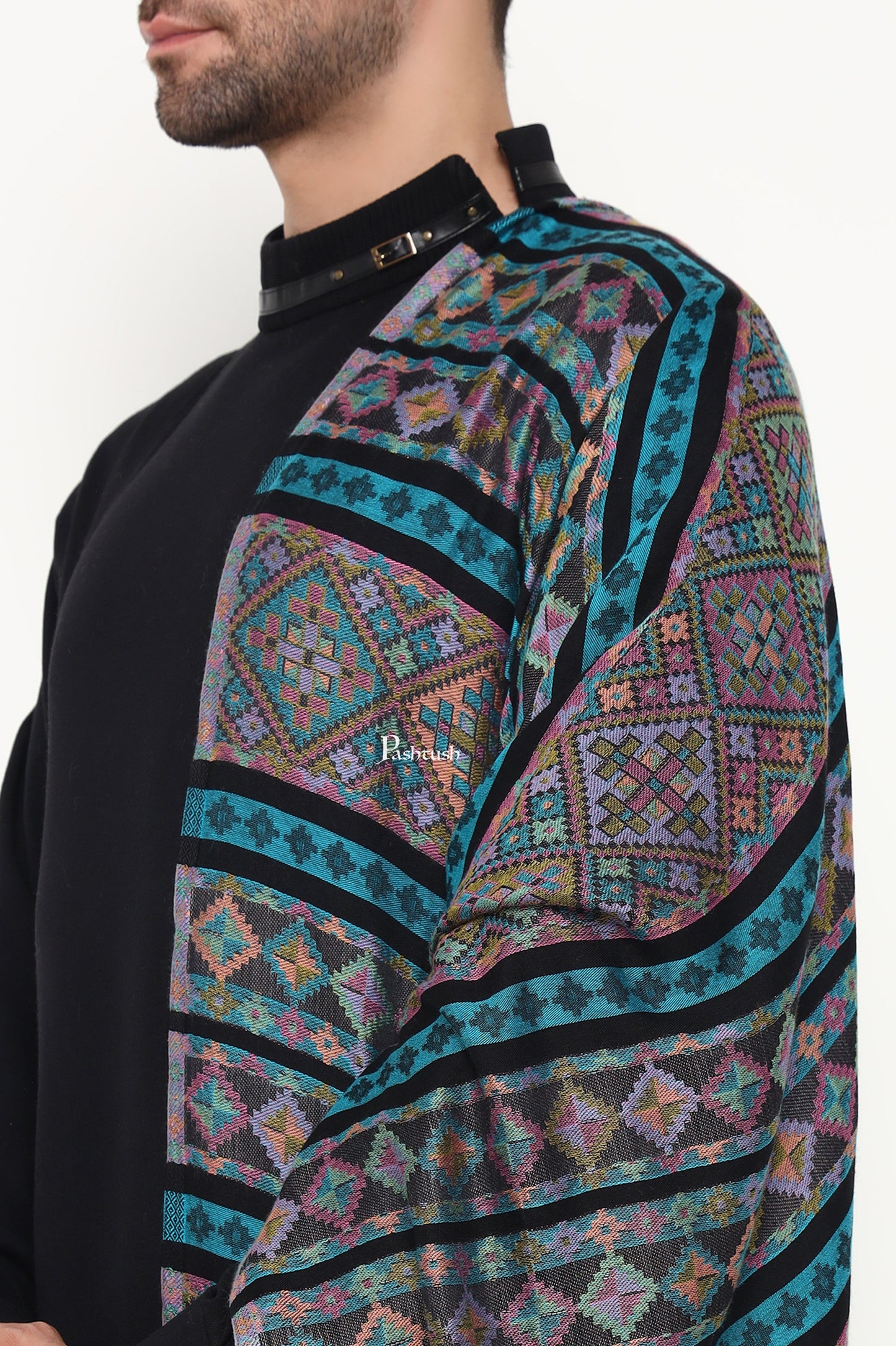 Pashtush India Mens Scarves Stoles and Mufflers Pashtush Mens Extra Soft Bamboo Stole, Aztec Design, Blue