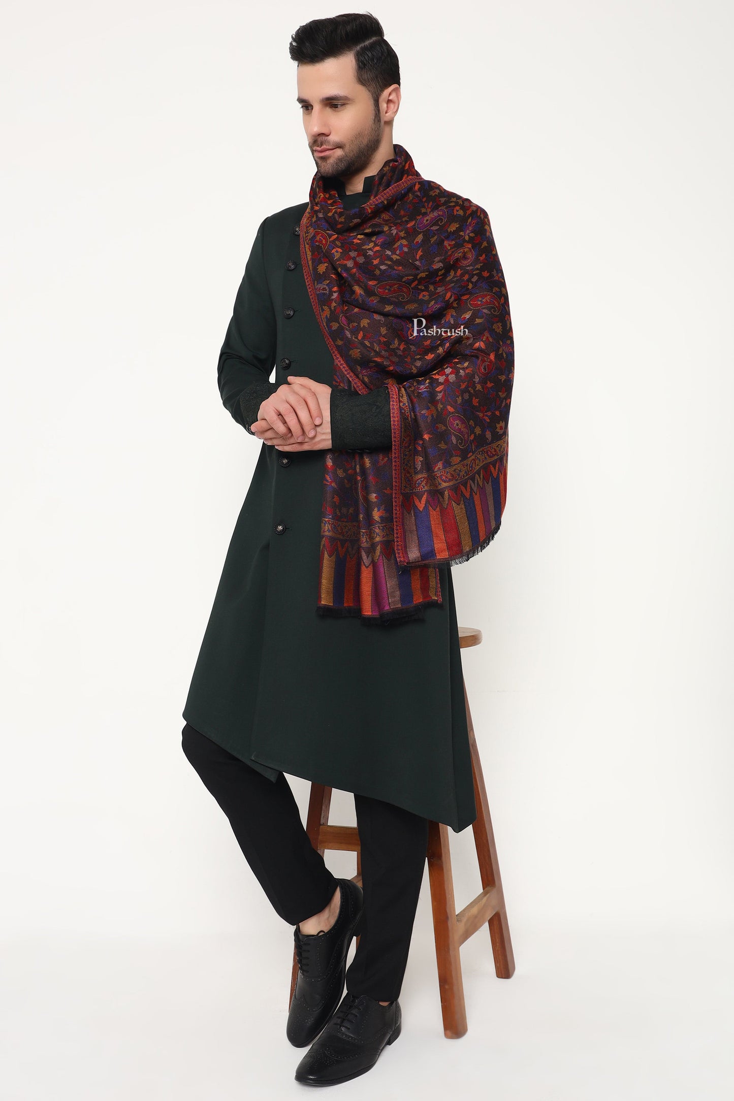 Pashtush India Mens Scarves Stoles and Mufflers Pashtush Mens Extra Soft Bamboo Stole, Paisley Weave Design, Blue