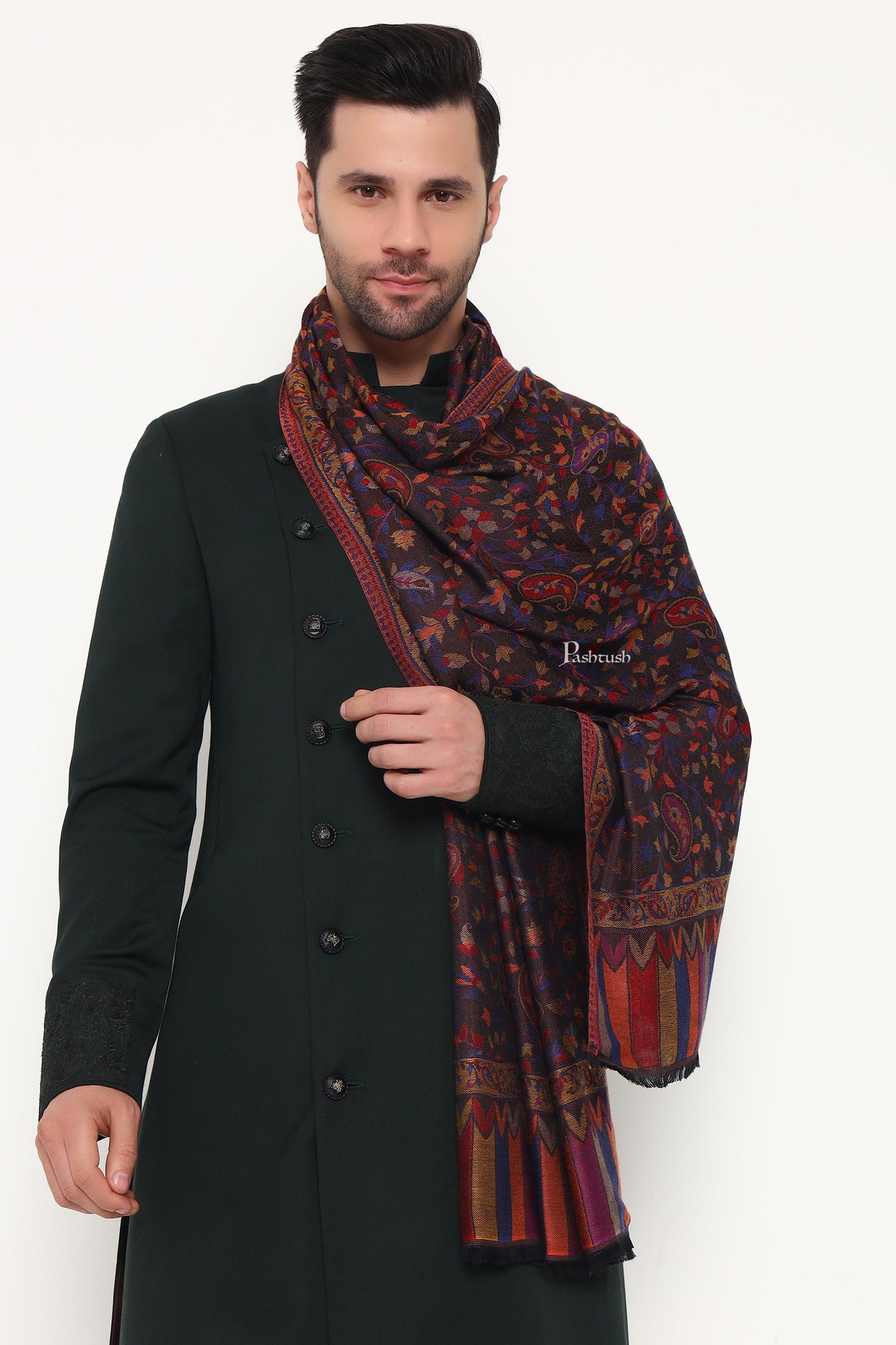 Pashtush India Mens Scarves Stoles and Mufflers Pashtush Mens Extra Soft Bamboo Stole, Paisley Weave Design, Blue