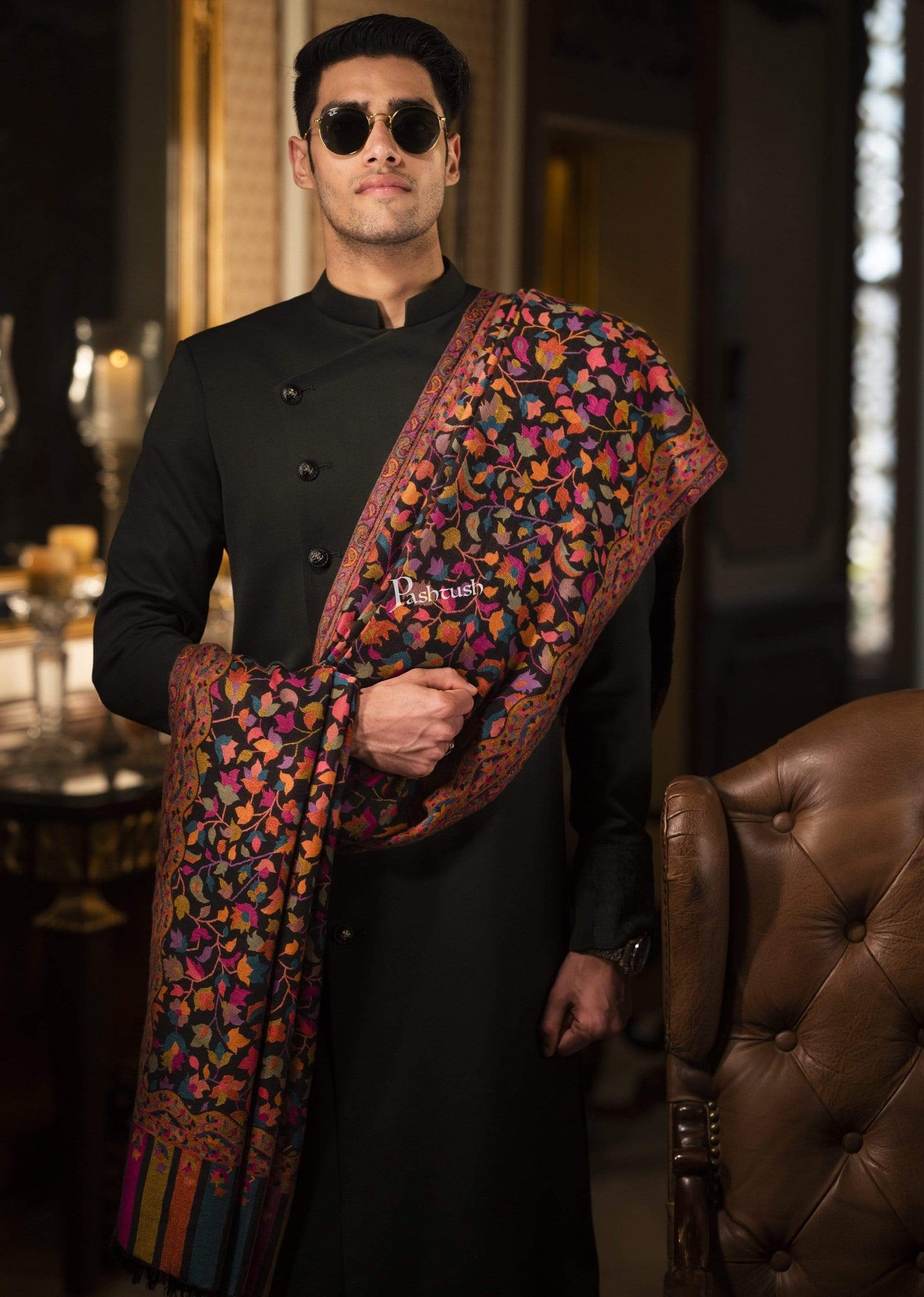 Pashtush India 100x200 Pashtush Mens Extra Soft Wool, Kaani Weave Stole, Fine Wool