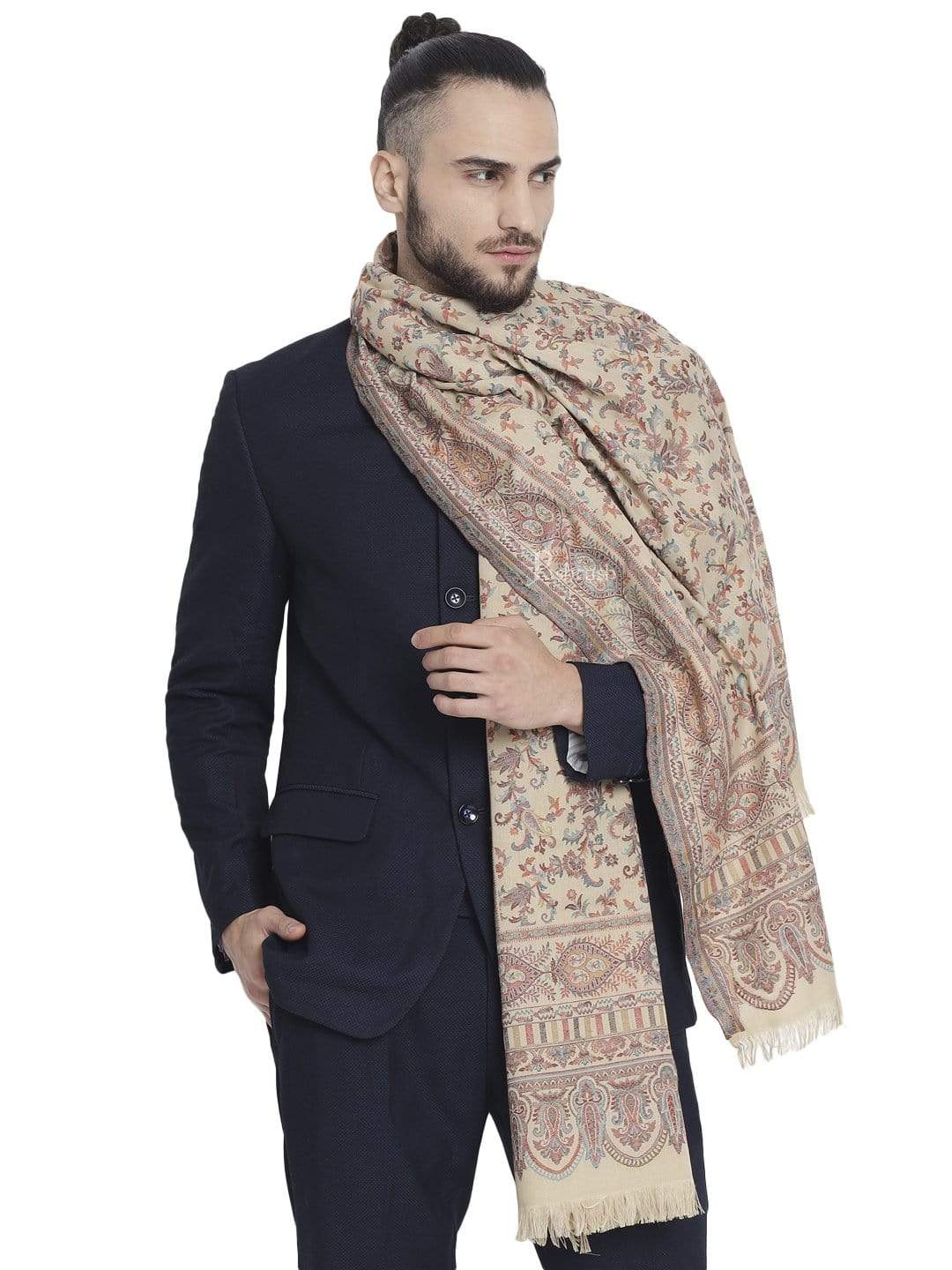 Pashtush India 100x200 Pashtush Mens Faux Pashmina, Ethnic Weave Stole, Beige