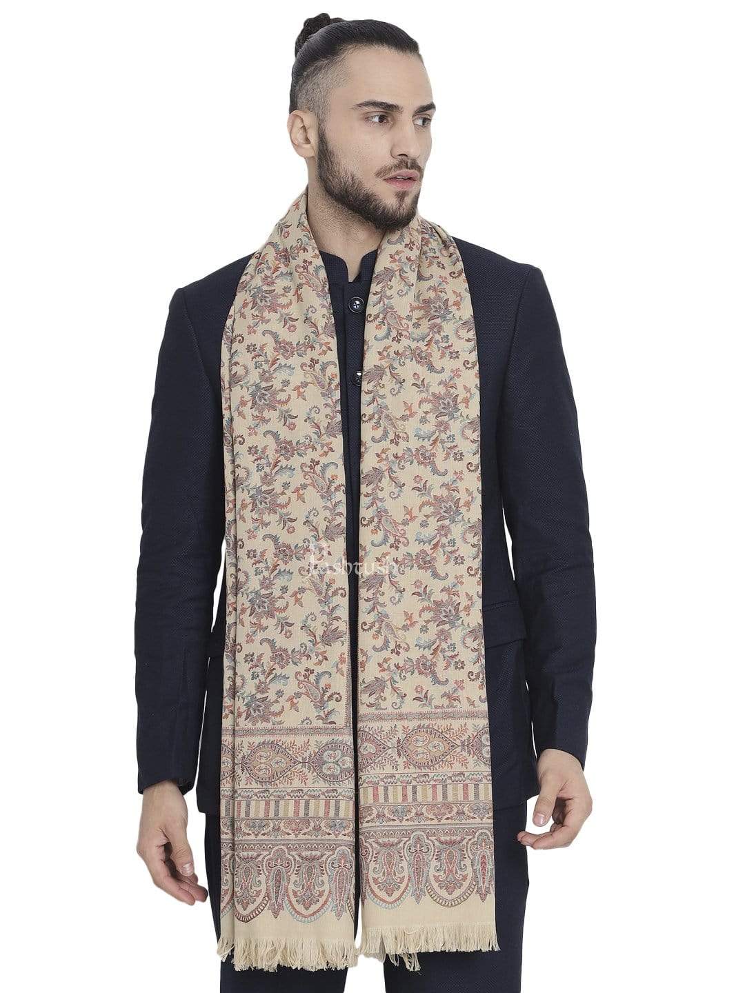 Pashtush India 100x200 Pashtush Mens Faux Pashmina, Ethnic Weave Stole, Beige