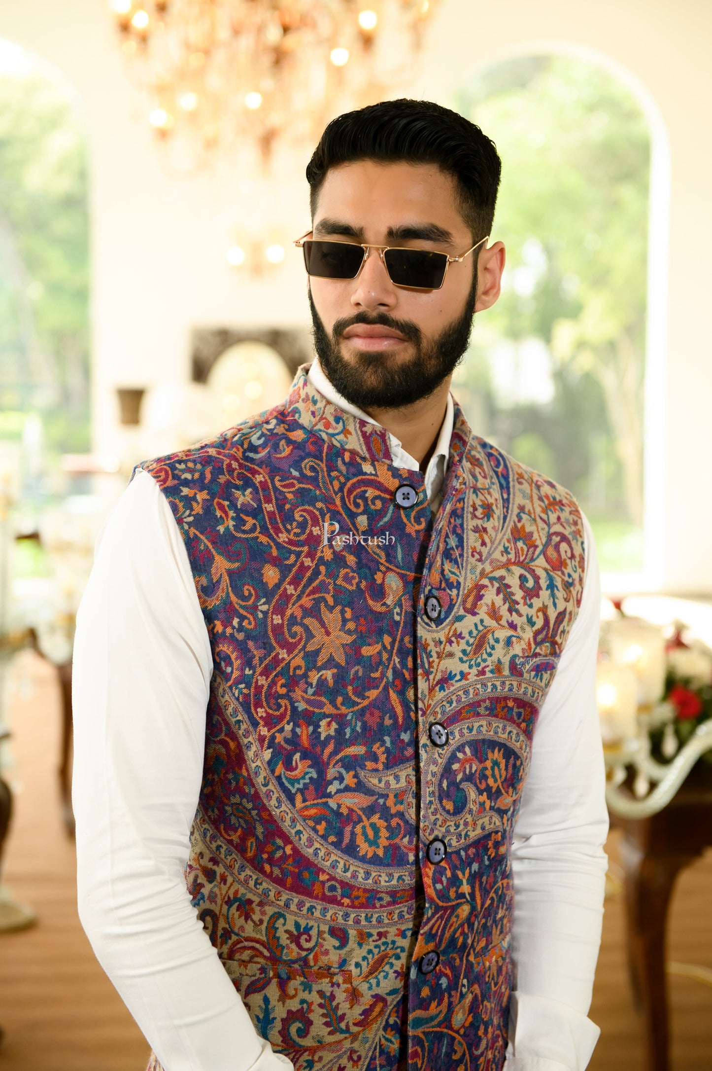 Pashtush India Coats & Jackets Pashtush Mens Faux Pashmina Jacket, Antique Design, Beige and Blue