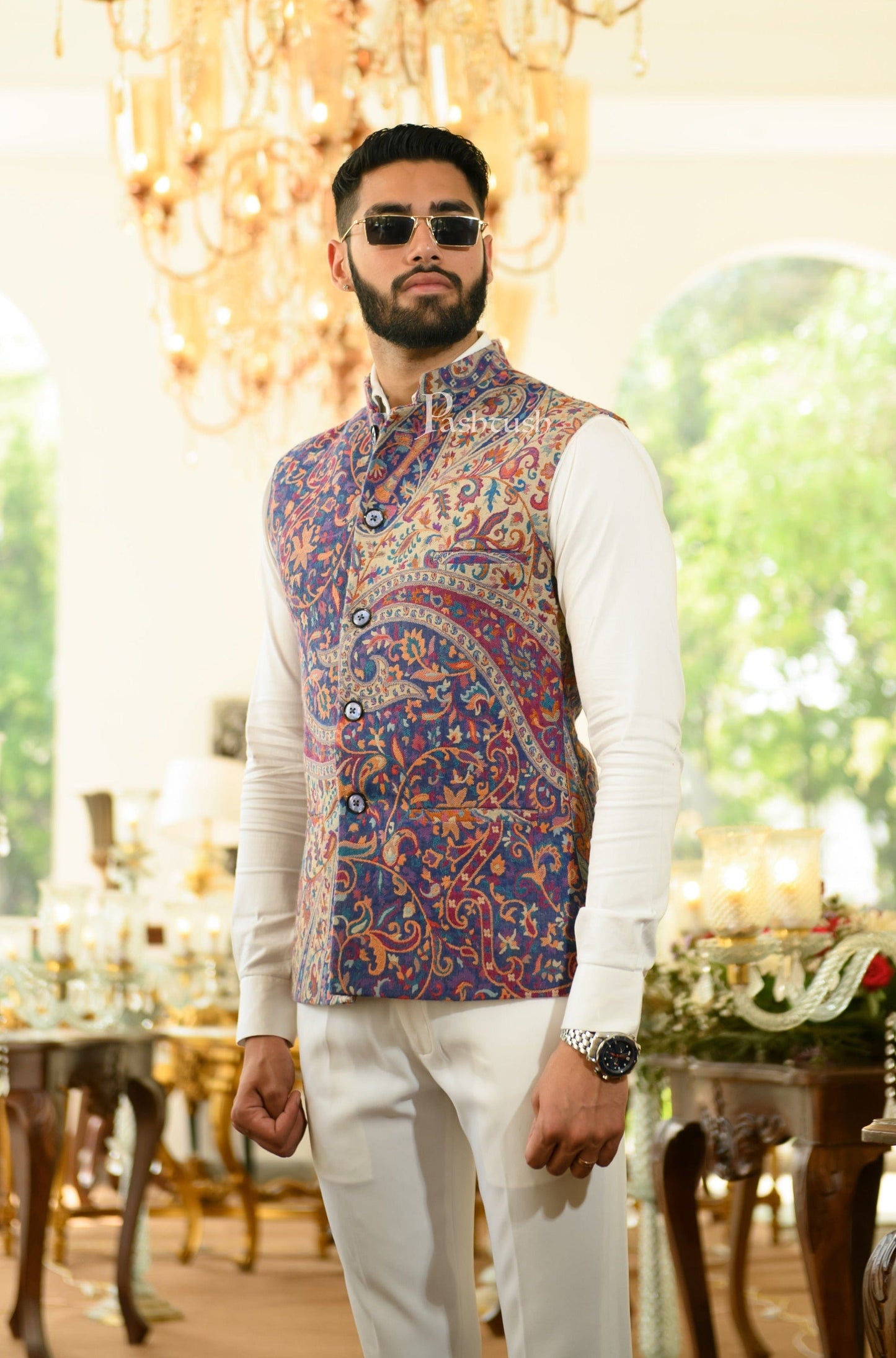 Pashtush India Coats & Jackets Pashtush Mens Faux Pashmina Jacket, Antique Design, Beige and Blue