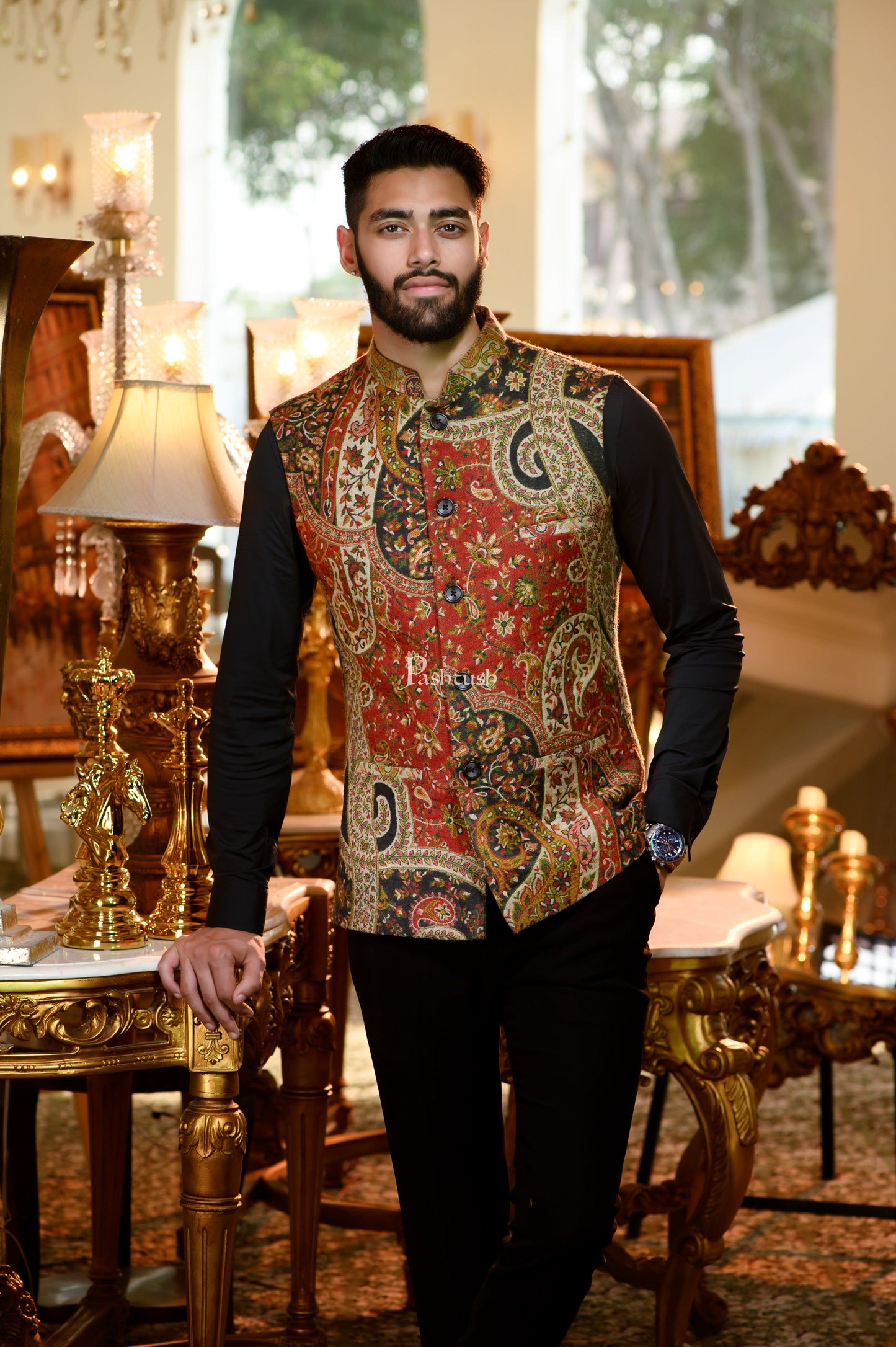 Pashtush India Coats & Jackets Pashtush Mens Faux Pashmina Jacket, Antique Design, Multicolour