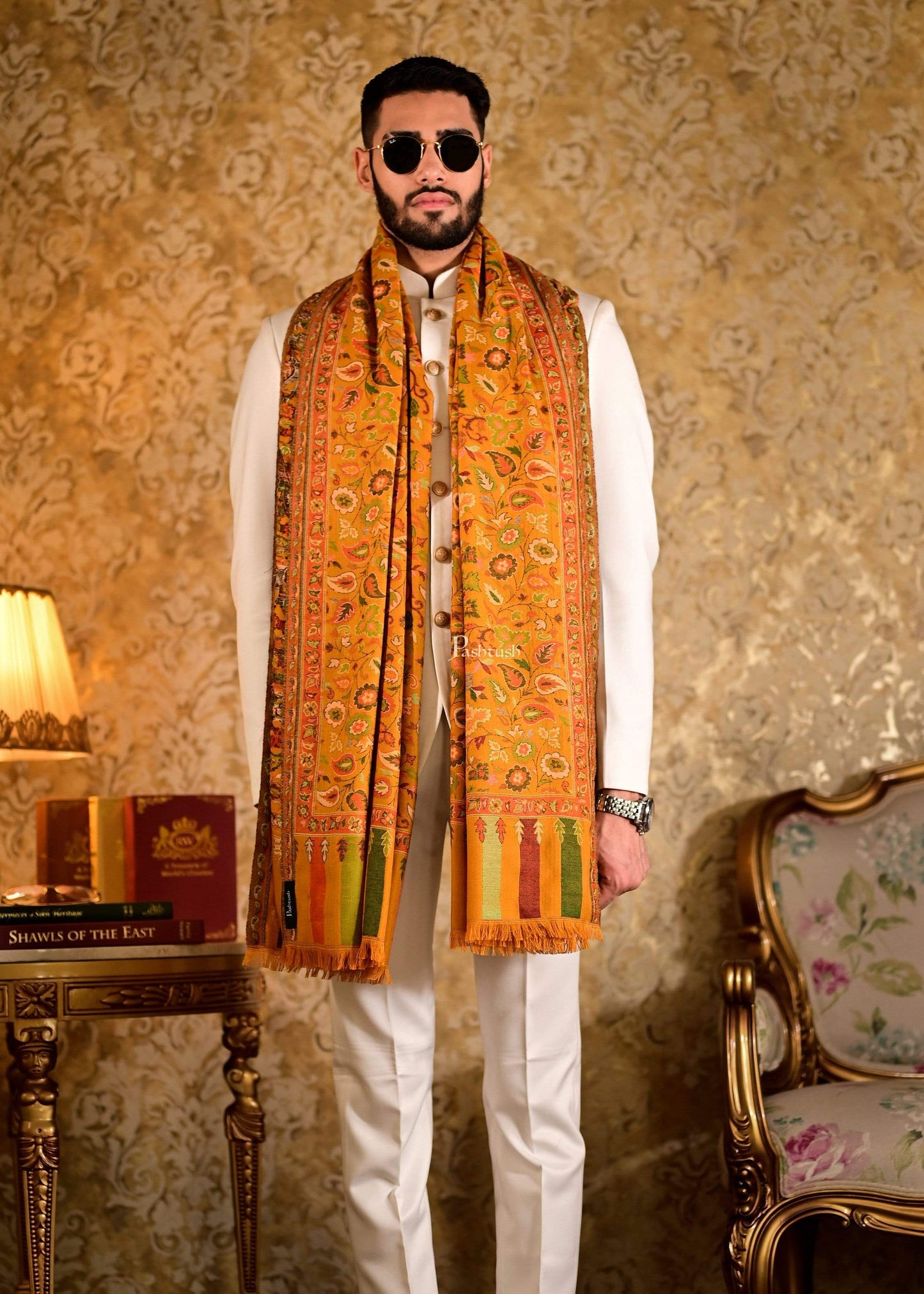 Pashtush India 100x200 Pashtush Mens Faux Pashmina Kaani Weave Shawl, Kashmiri Mustard