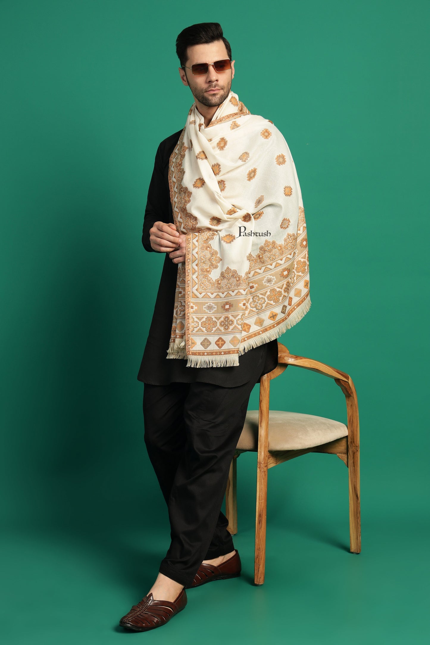 Pashtush India Mens Scarves Stoles and Mufflers Pashtush Mens Faux Pashmina Stole, Aztec Design Design, Ivory