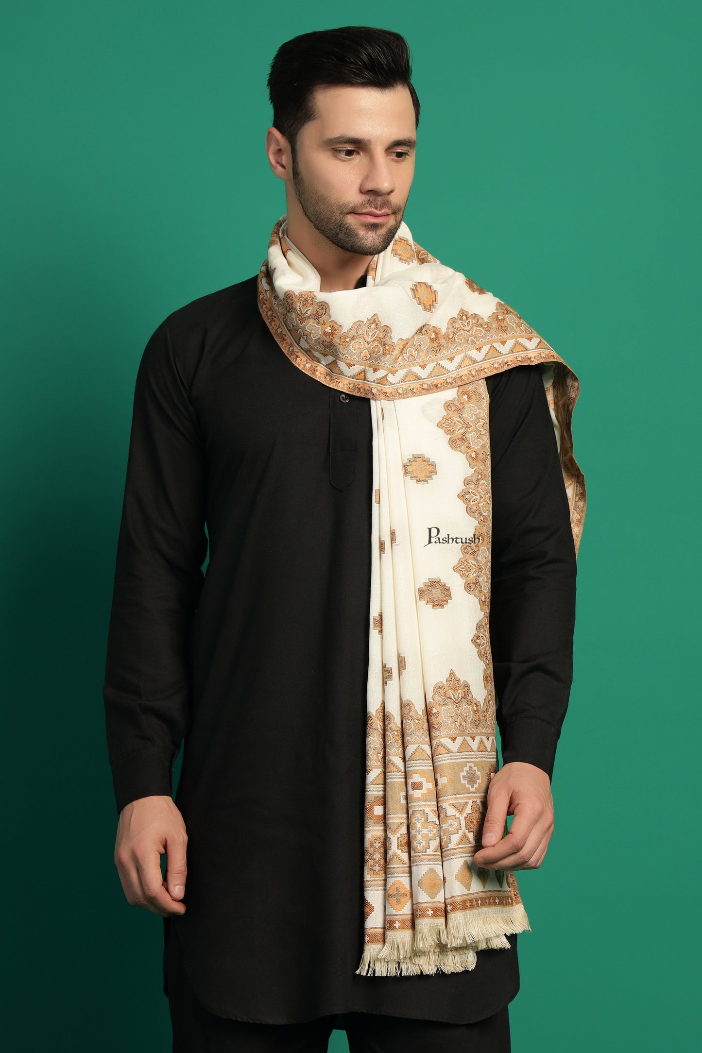 Pashtush India Mens Scarves Stoles and Mufflers Pashtush Mens Faux Pashmina Stole, Aztec Design Design, Ivory
