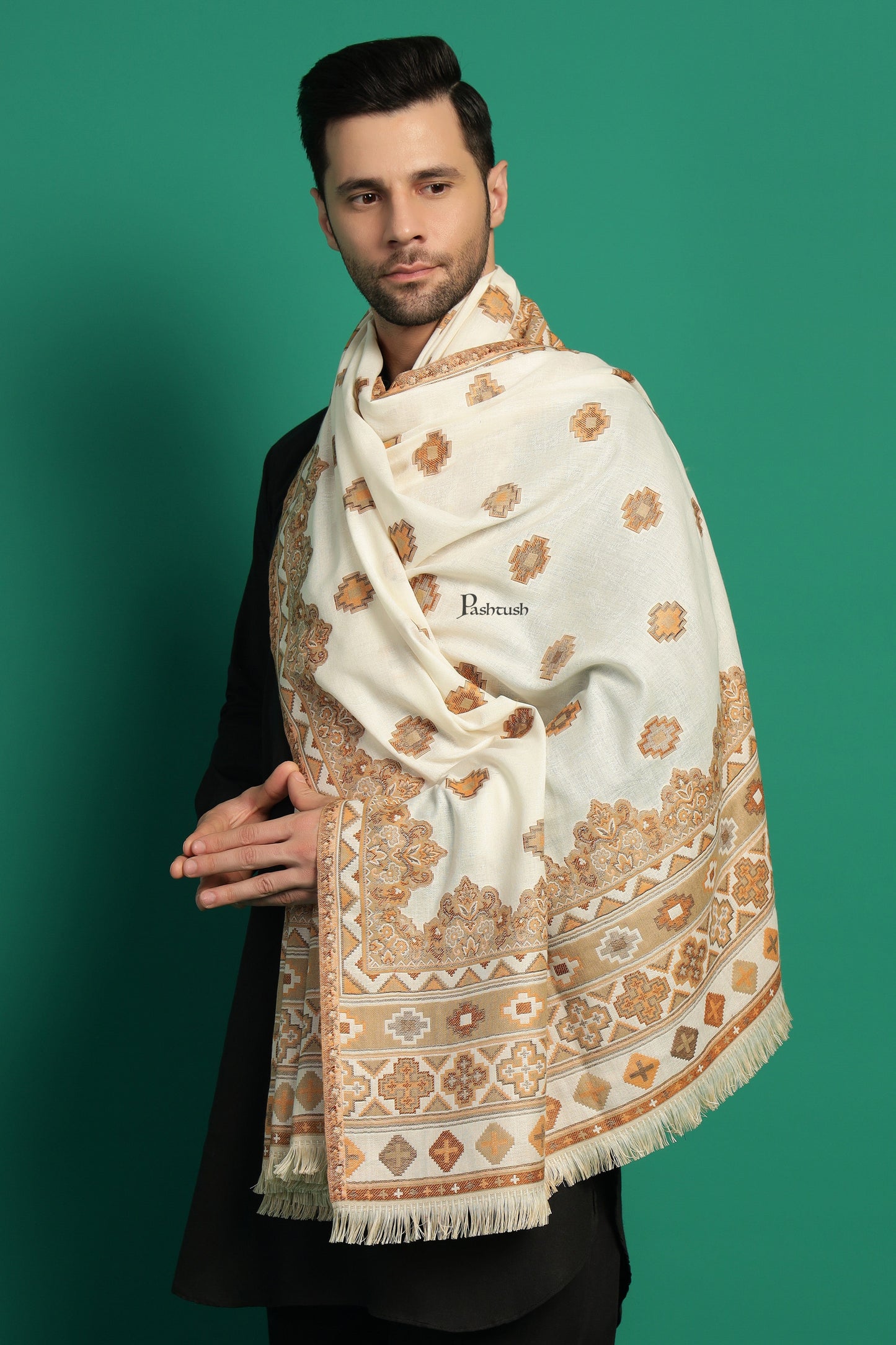 Pashtush India Mens Scarves Stoles and Mufflers Pashtush Mens Faux Pashmina Stole, Aztec Design Design, Ivory