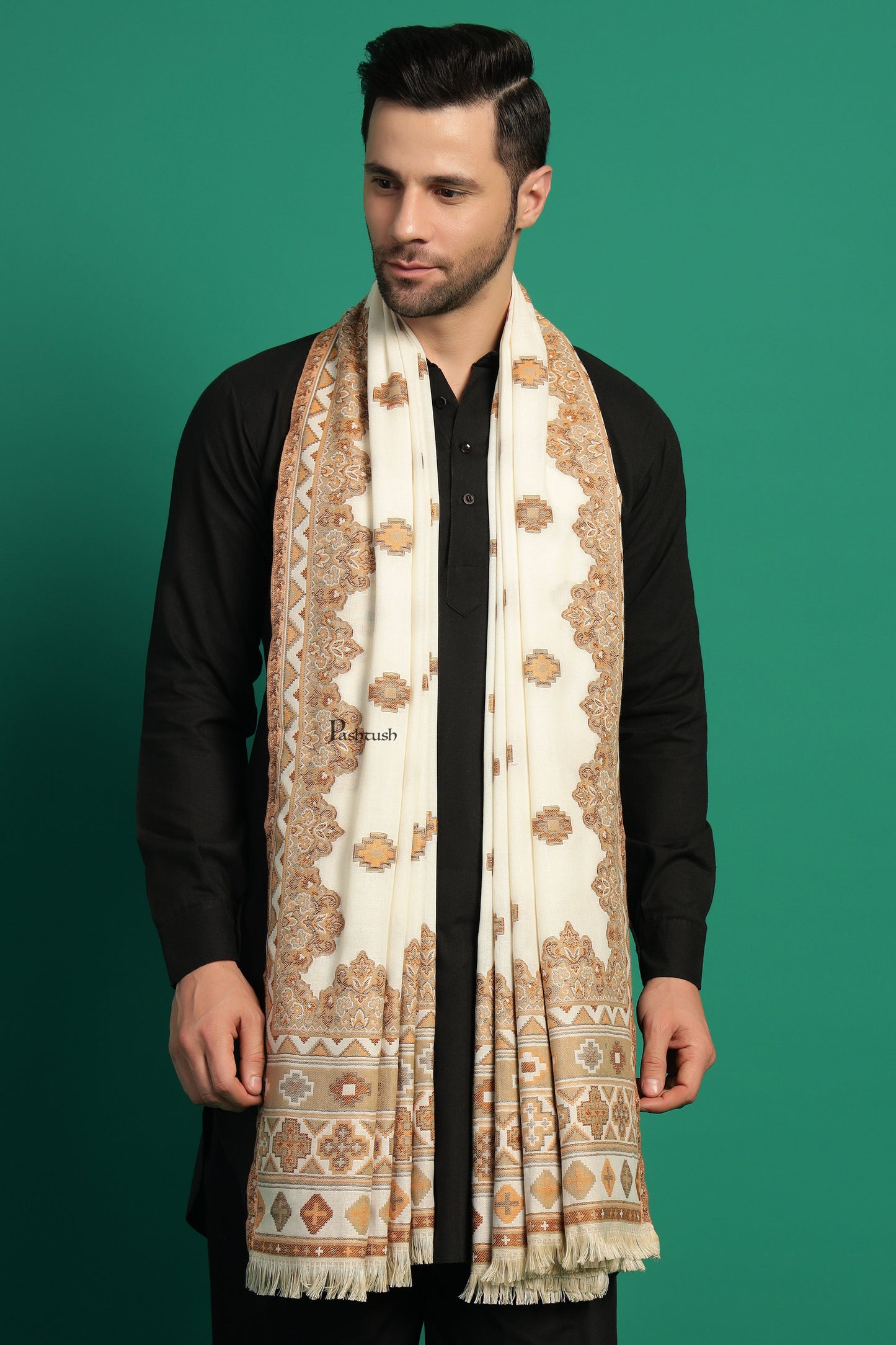 Pashtush India Mens Scarves Stoles and Mufflers Pashtush Mens Faux Pashmina Stole, Aztec Design Design, Ivory
