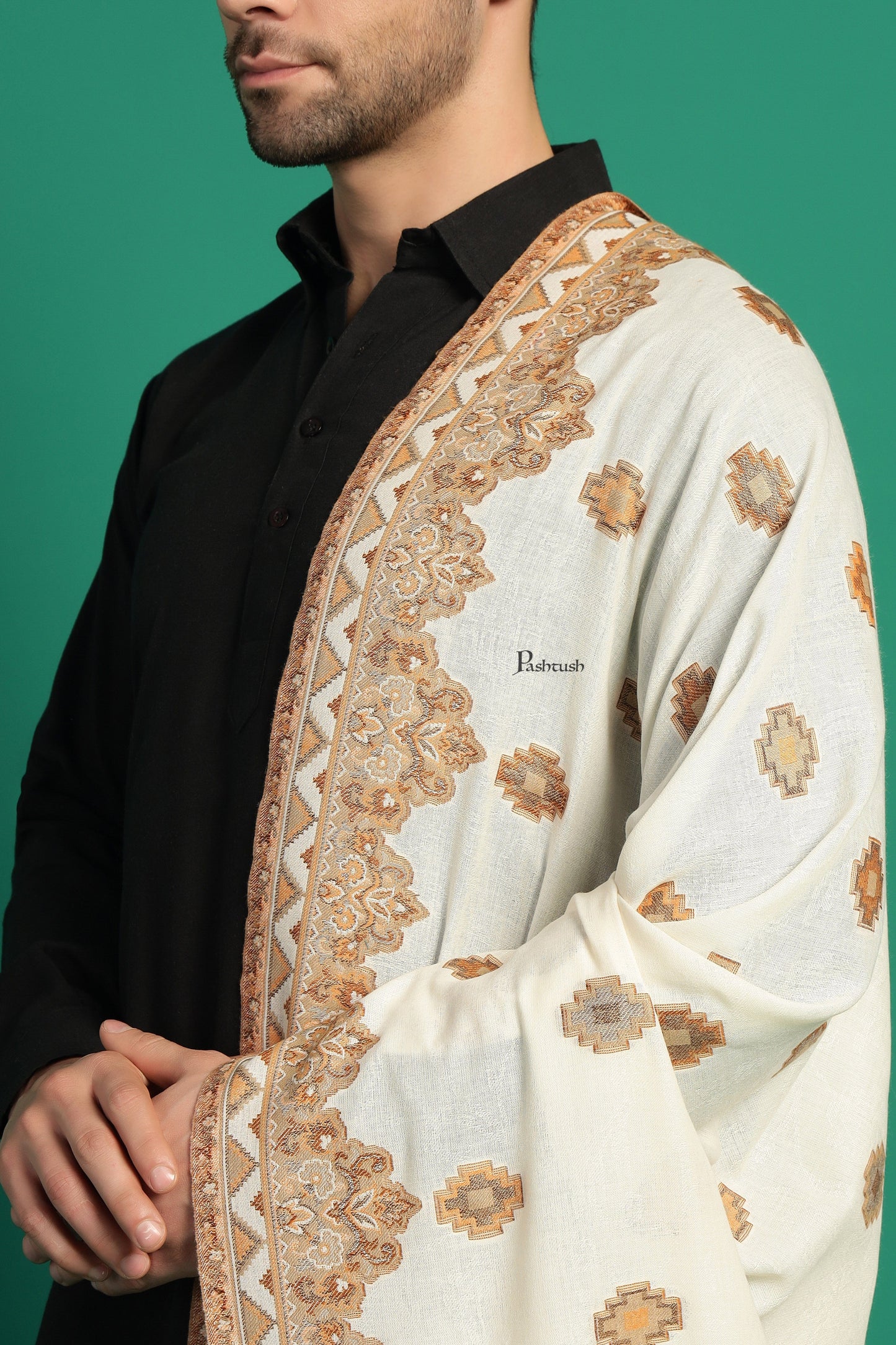 Pashtush India Mens Scarves Stoles and Mufflers Pashtush Mens Faux Pashmina Stole, Aztec Design Design, Ivory