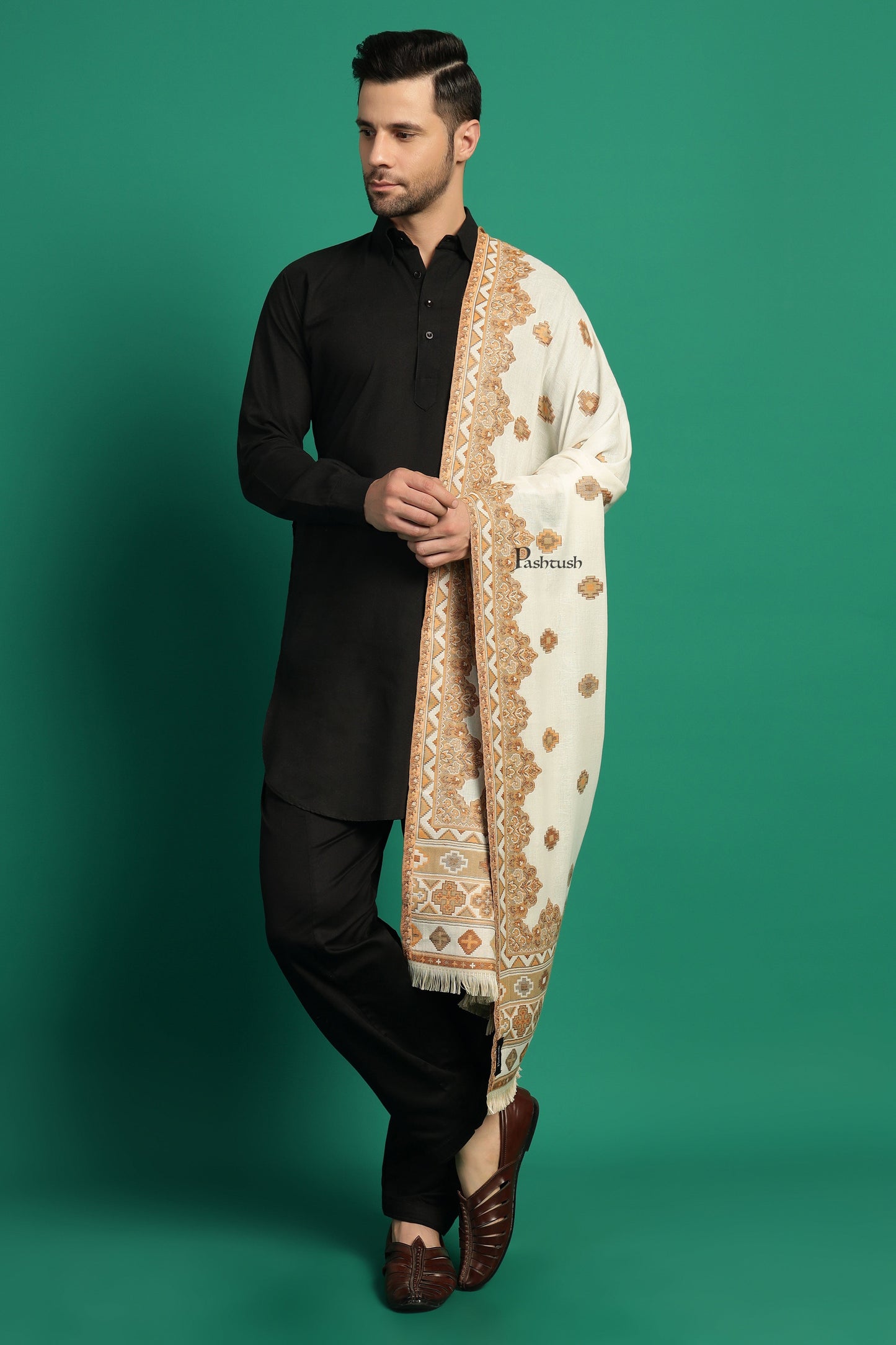 Pashtush India Mens Scarves Stoles and Mufflers Pashtush Mens Faux Pashmina Stole, Aztec Design Design, Ivory