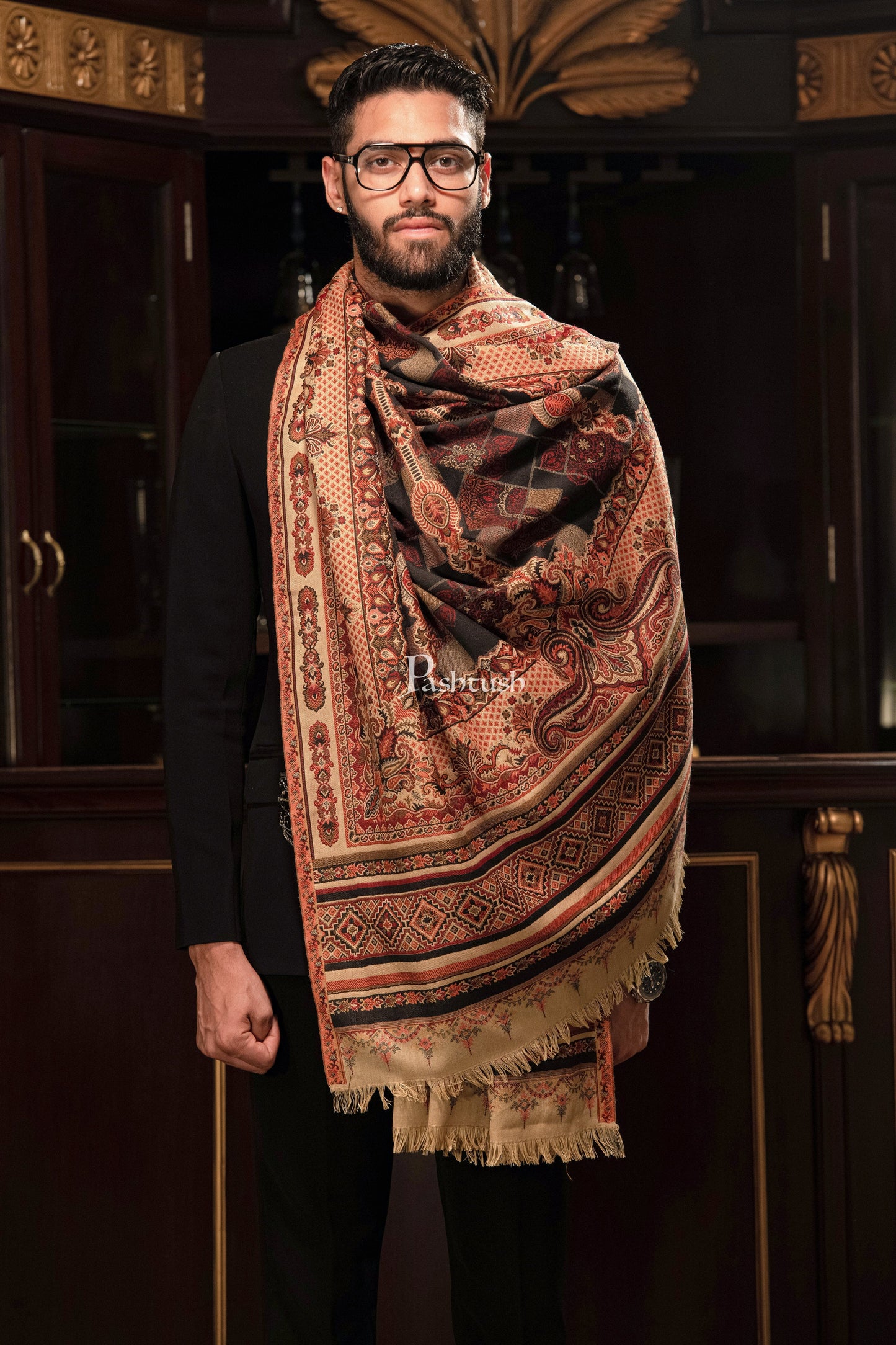 Pashtush India Mens Scarves Stoles and Mufflers Pashtush mens faux pashmina stole, aztec jamawar design