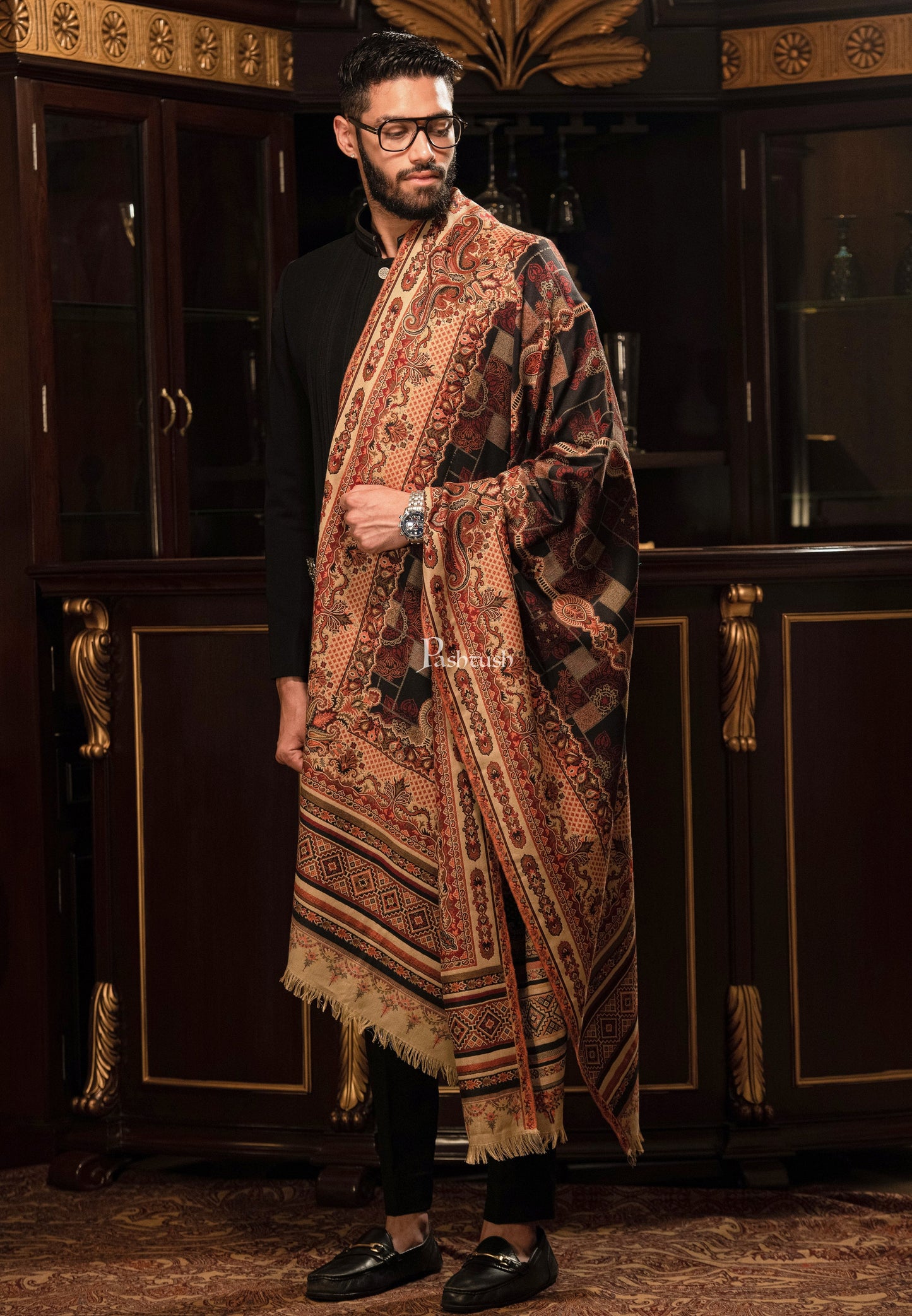 Pashtush India Mens Scarves Stoles and Mufflers Pashtush mens faux pashmina stole, aztec jamawar design