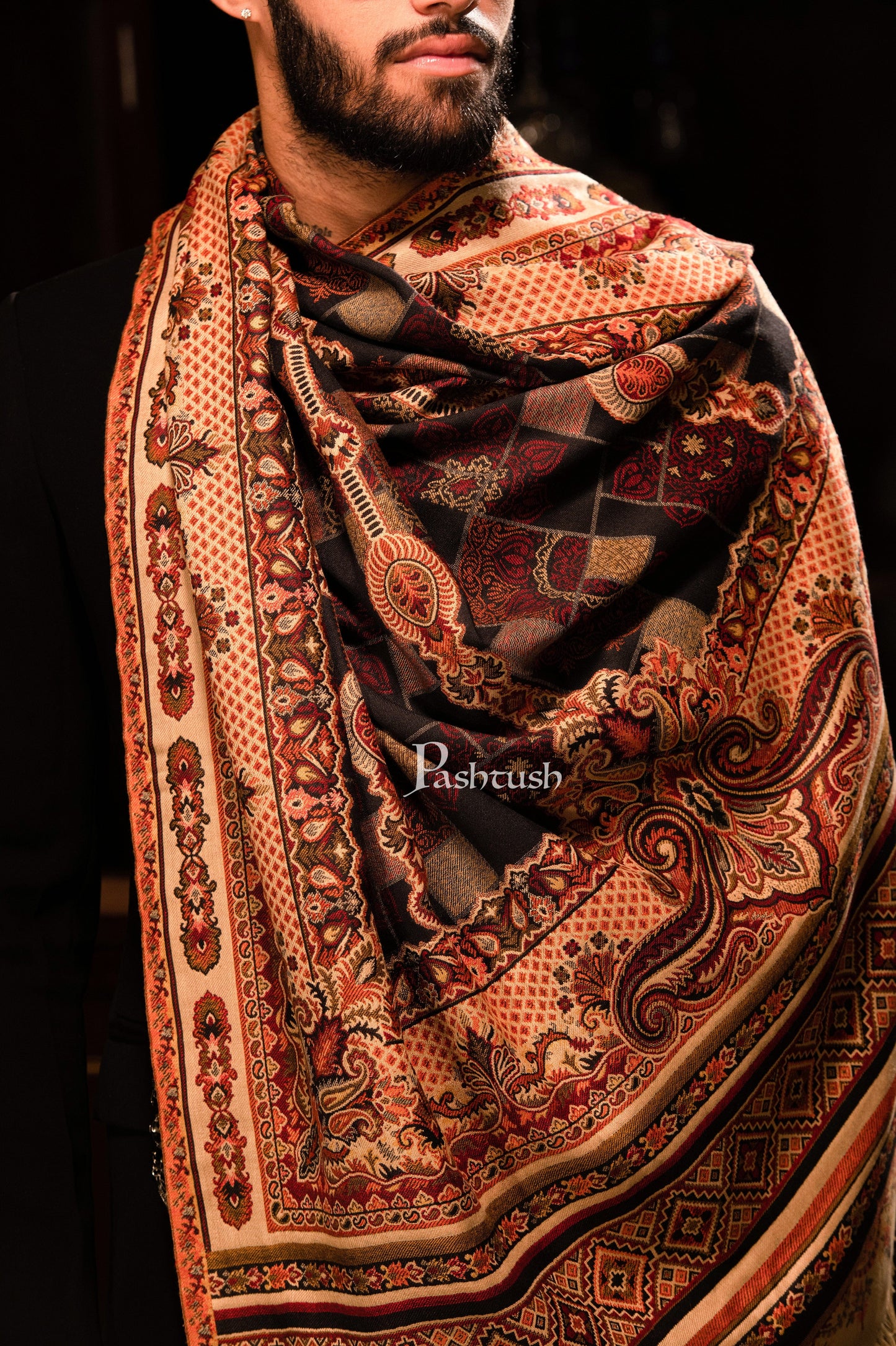 Pashtush India Mens Scarves Stoles and Mufflers Pashtush mens faux pashmina stole, aztec jamawar design
