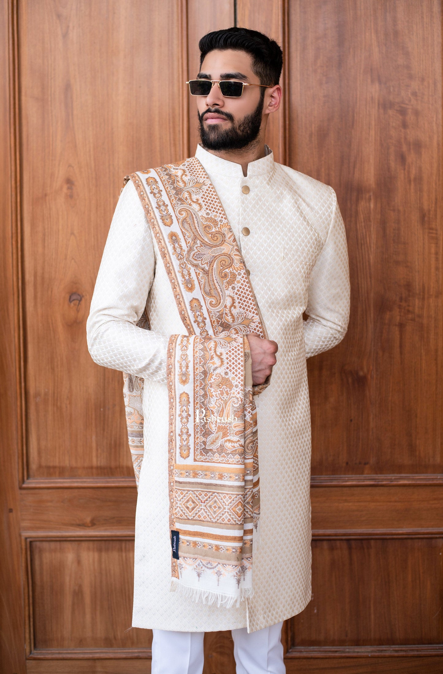 Pashtush India Mens Scarves Stoles and Mufflers Pashtush mens faux pashmina stole, aztec jamawar design, Beige