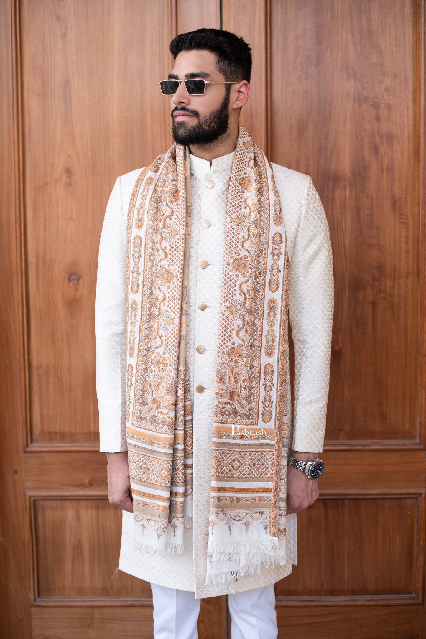 Pashtush India Mens Scarves Stoles and Mufflers Pashtush mens faux pashmina stole, aztec jamawar design, Beige