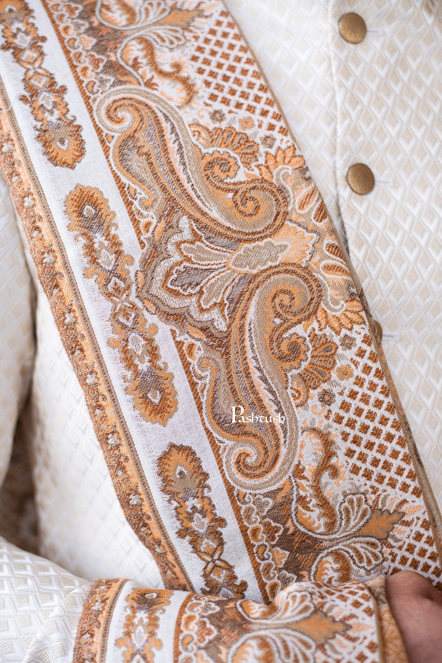 Pashtush India Mens Scarves Stoles and Mufflers Pashtush mens faux pashmina stole, aztec jamawar design, Beige