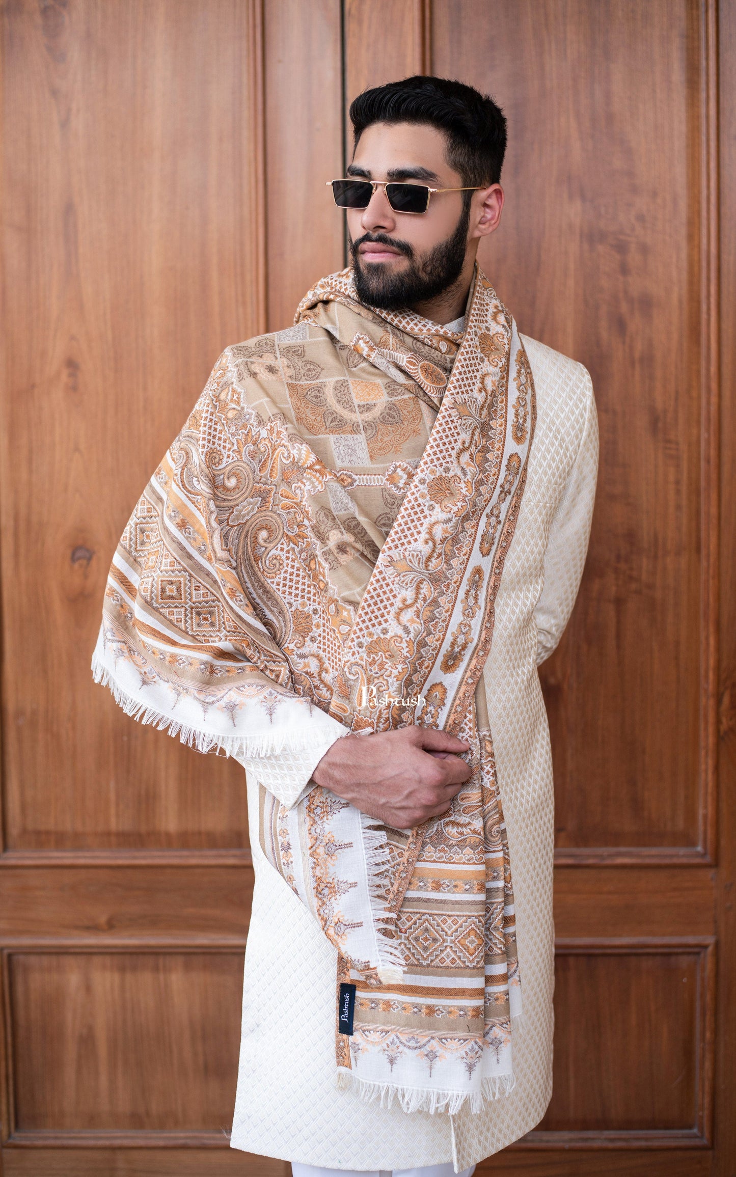 Pashtush India Mens Scarves Stoles and Mufflers Pashtush mens faux pashmina stole, aztec jamawar design, Beige