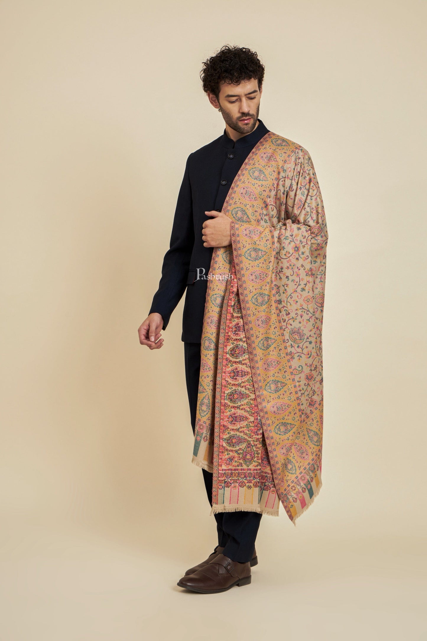Pashtush India Mens Scarves Stoles and Mufflers Pashtush Mens Faux Pashmina Stole, Ethnic Design, Beige