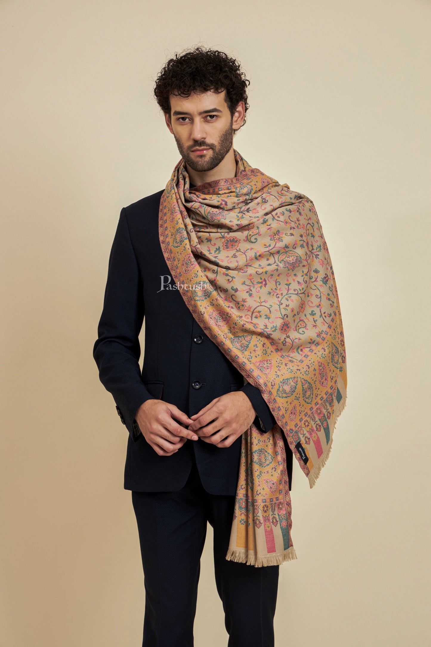 Pashtush India Mens Scarves Stoles and Mufflers Pashtush Mens Faux Pashmina Stole, Ethnic Design, Beige