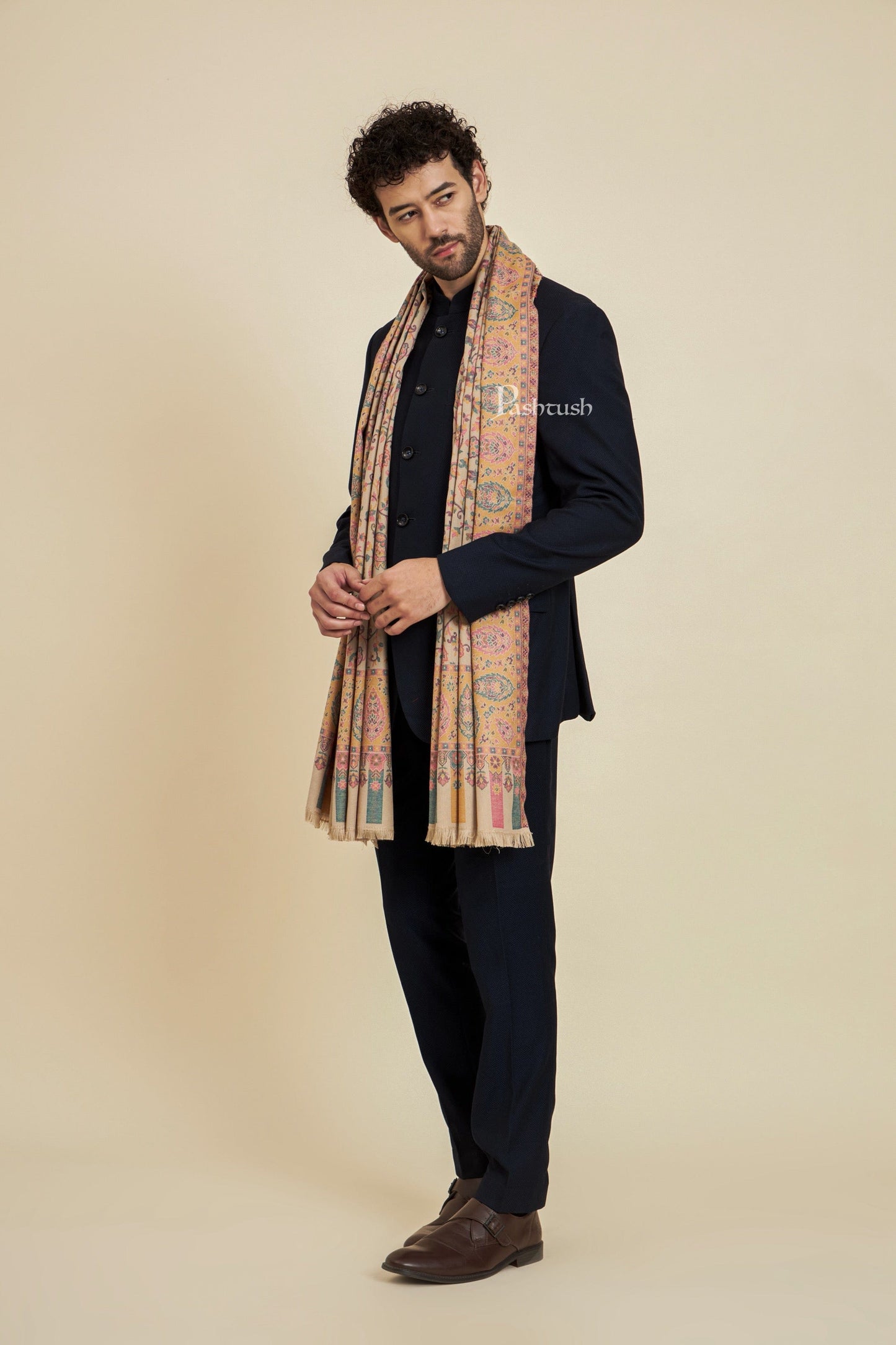 Pashtush India Mens Scarves Stoles and Mufflers Pashtush Mens Faux Pashmina Stole, Ethnic Design, Beige