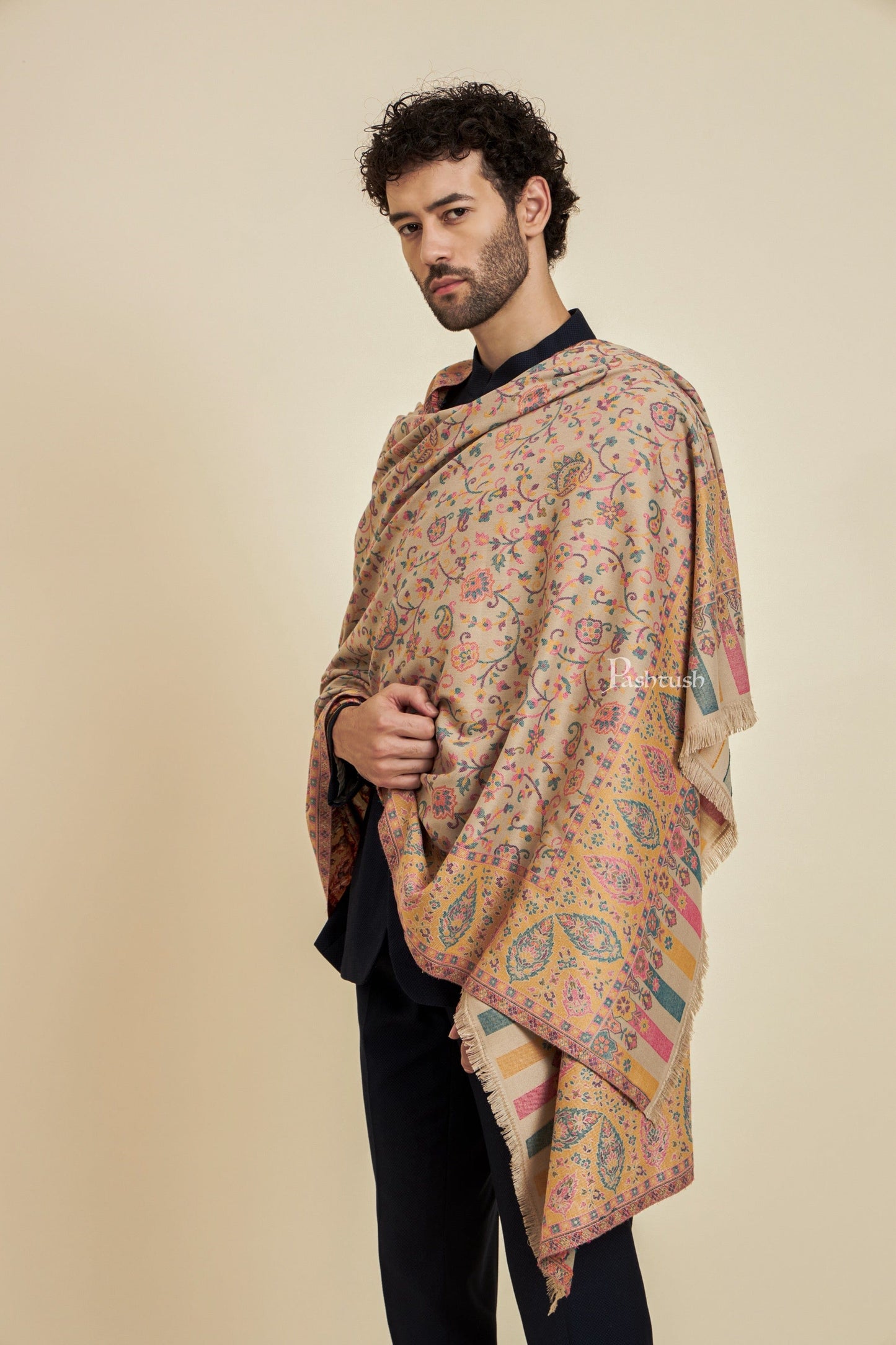 Pashtush India Mens Scarves Stoles and Mufflers Pashtush Mens Faux Pashmina Stole, Ethnic Design, Beige