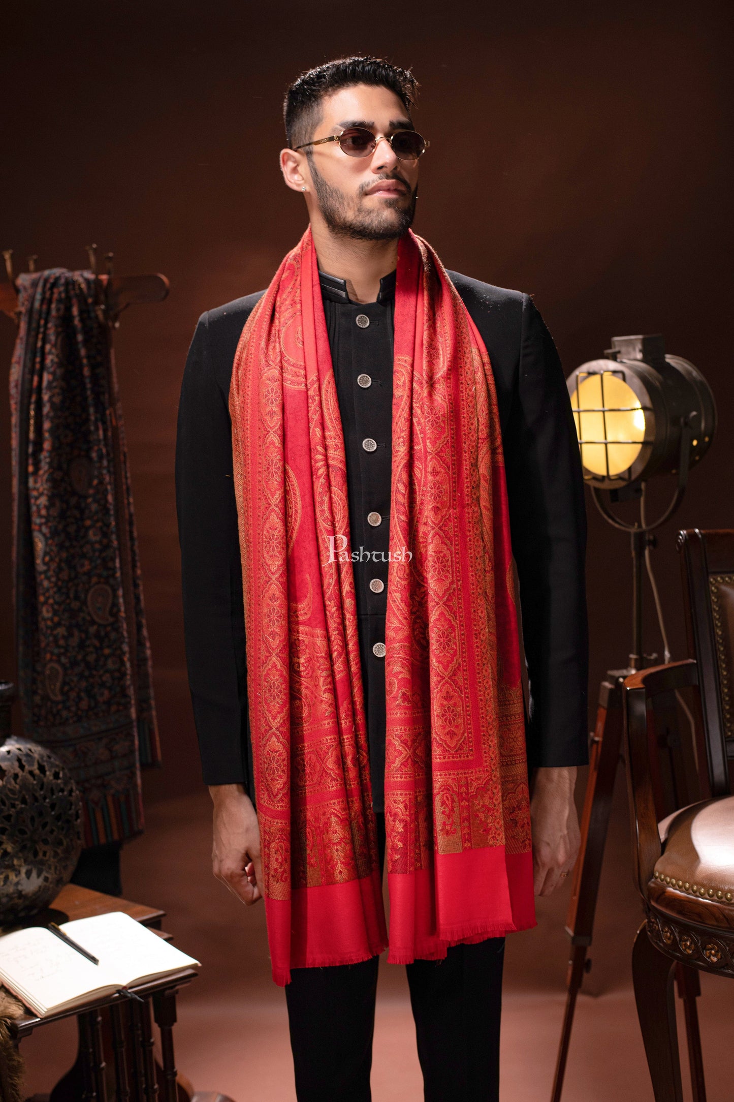 Pashtush India Mens Dupatta Pashtush mens Faux Pashmina stole, Ethnic design, Red