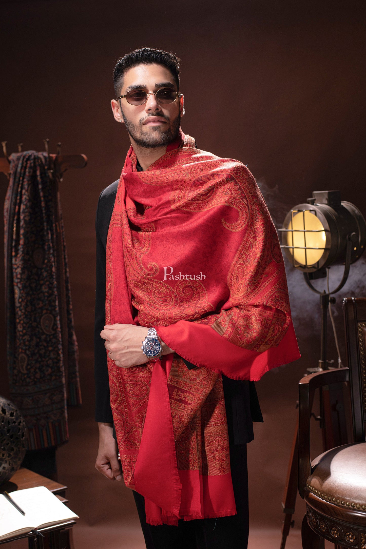 Pashtush India Mens Dupatta Pashtush mens Faux Pashmina stole, Ethnic design, Red